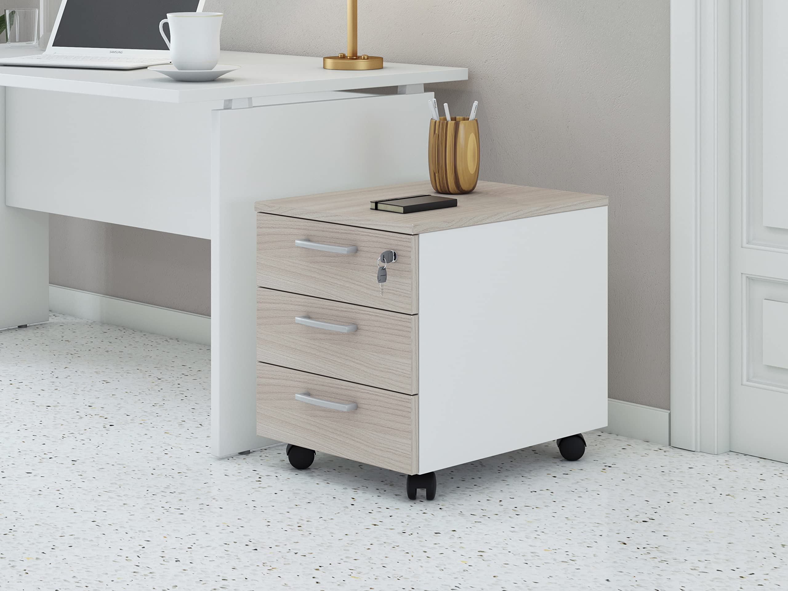 One Living Cassettiera da Ufficio con Rotelle, Tre Ampi Cassetti - Montaggio Facile - Elegante e Pratica Soluzione per Organizzare il Tuo Spazio di Lavoro (L 42 x P 56 x H 51 cm, Olmo Chiaro)
