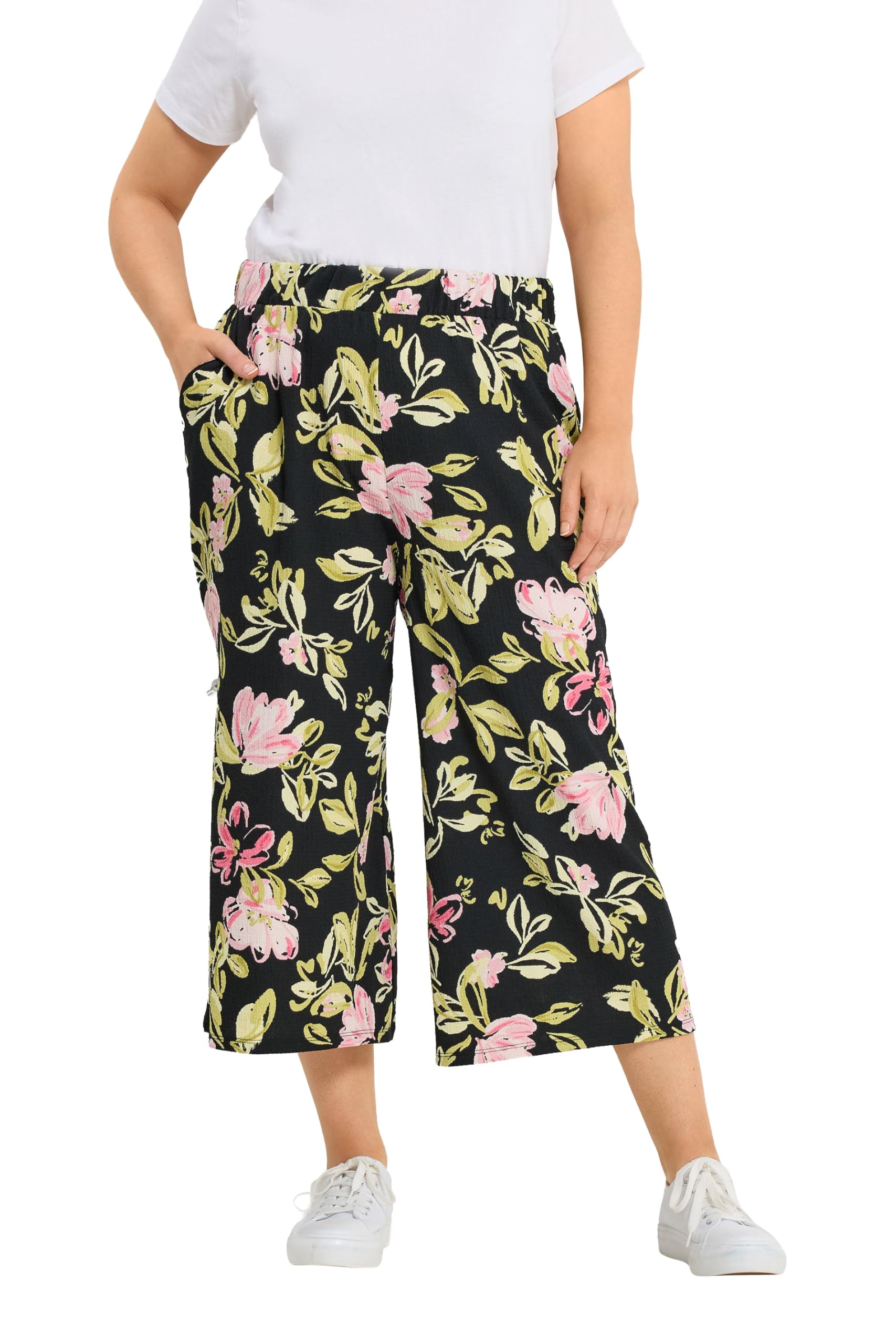 Yours Women's Floral Textured Culottes in Black | Size: 26-28