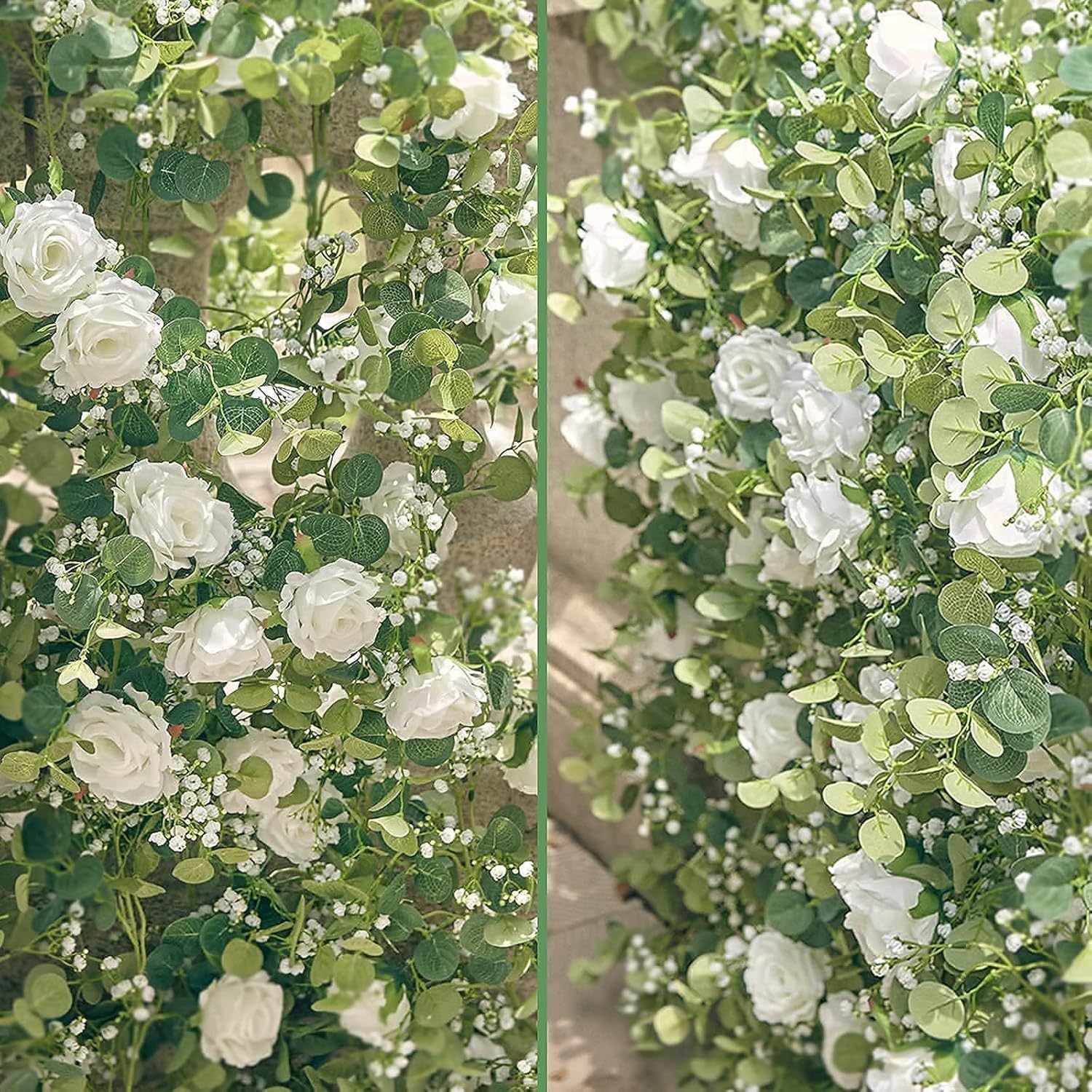 Anna's Whimsy 2PCS 5.91FT Artificial Eucalyptus Garland with Flowers, Fake Rose Gypsophila Garland, Faux Floral Greenery Garlands for Wedding Spring Home Party Table Runner Decor（White） - Image 2