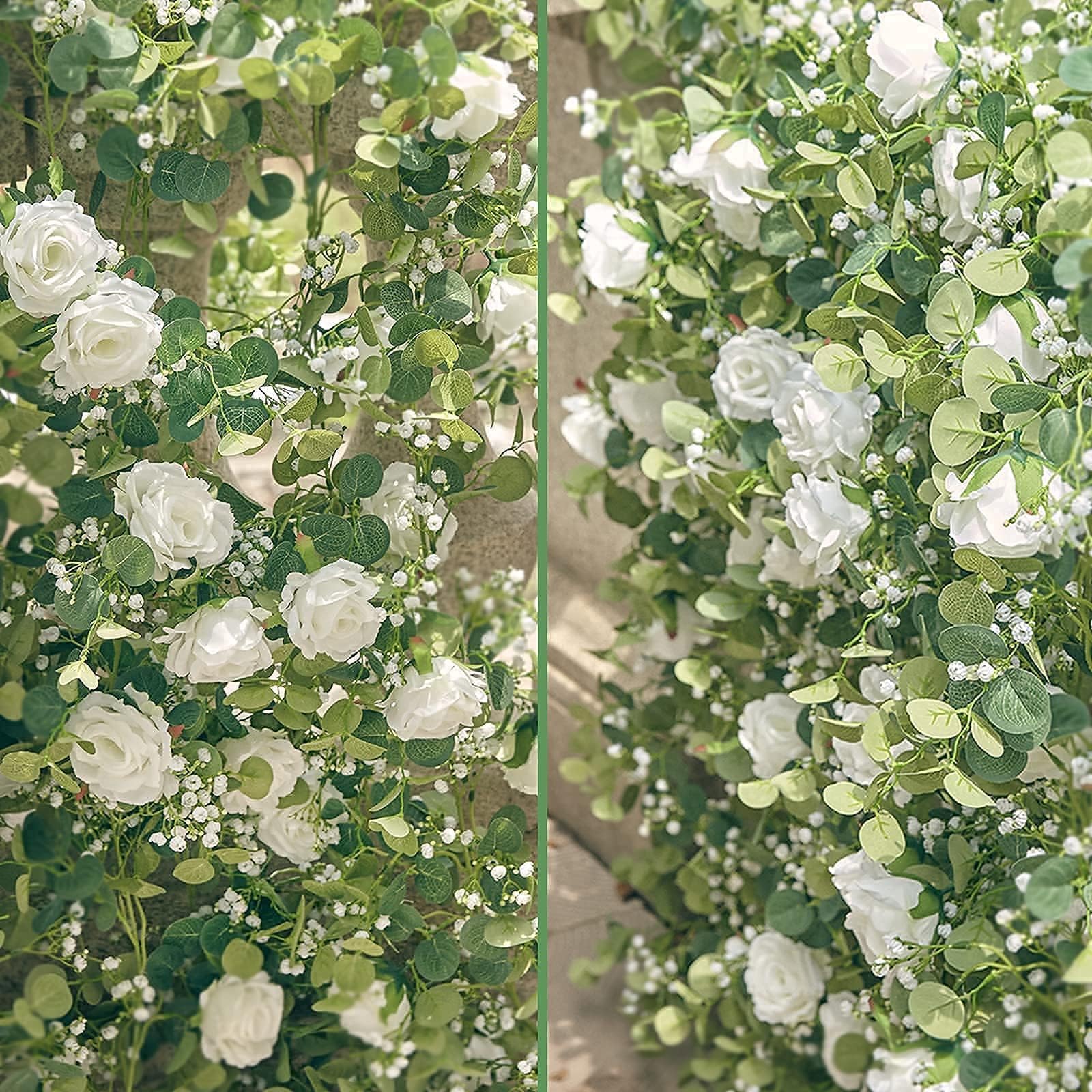 Anna's Whimsy Lot de 2 guirlandes d'eucalyptus artificielles de 1,5 m avec fleurs, fausses guirlandes de gypsophiles, guirlandes florales artificielles pour mariage, printemps, maison, fête, chemin de
