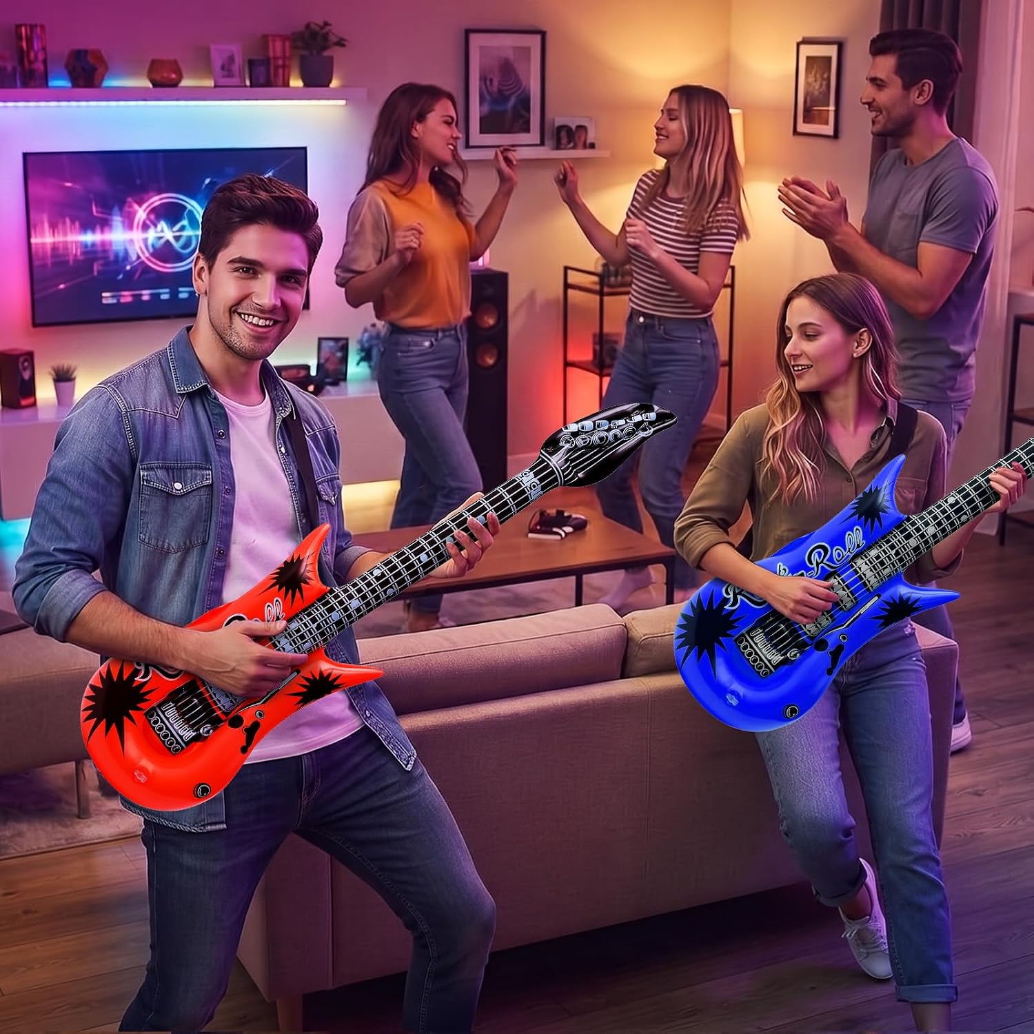 Inflatable Guitar Blow Up Guitar Party Decorations Props | 9 PCS Rock Star Guitar Toys for Birthday 80s 90s Party Decorations Photo Booth Props Carnival Decorations
