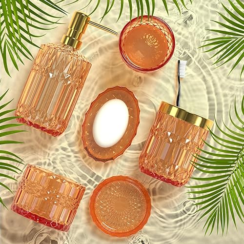Miniatura 4 de Juego de accesorios de baño naranja 5 piezas, accesorios modernos de baño de vidrio, dispensador de jabón de loción, jabonera, soporte para cepillos