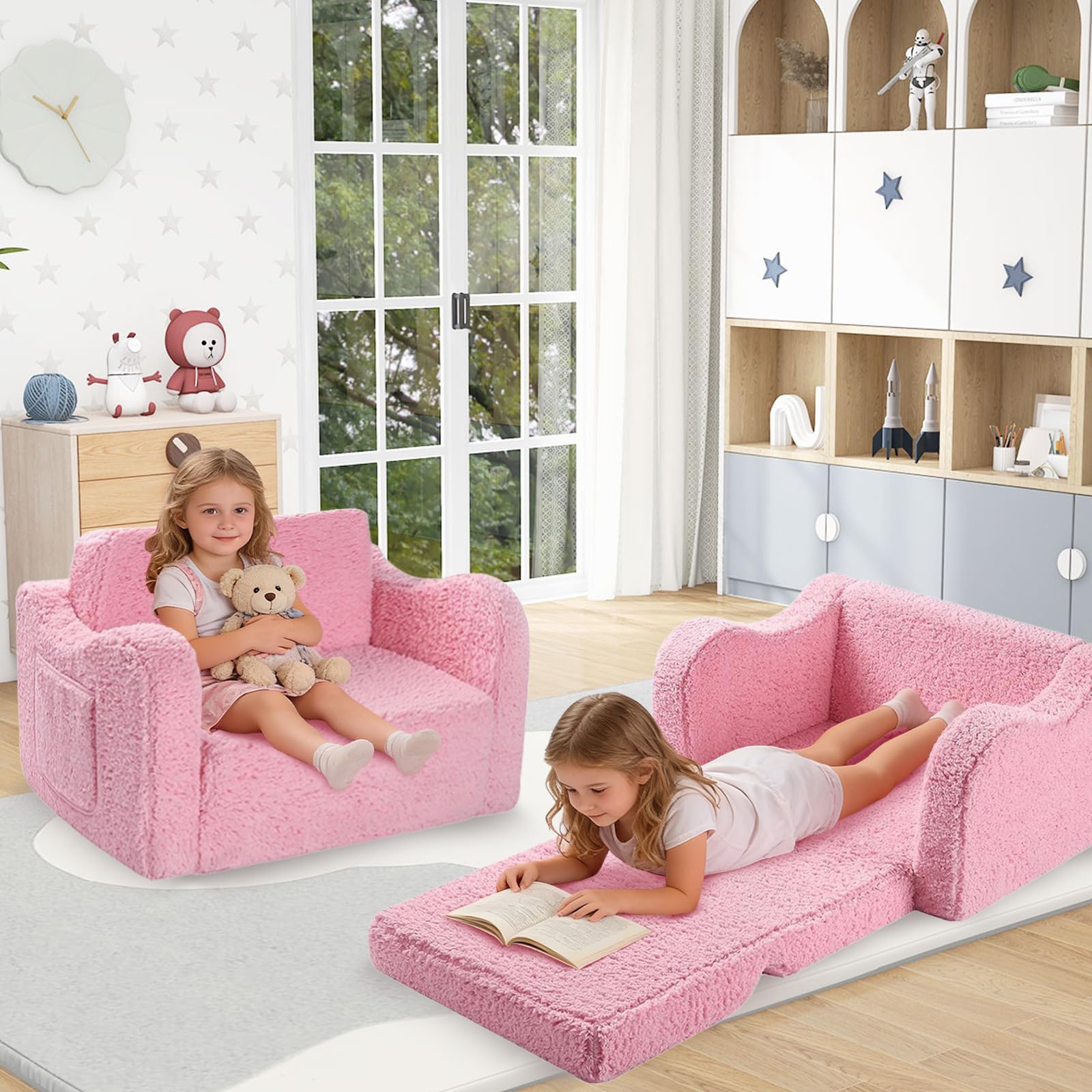 Fauteuil Enfant Convertible en Canapé-lit 2-en-1Parfait pour Jouer et Dormir avec Matelas Amovible, Coussin et Pouf Léger et Facile à Plier pour Filles et Garçons Fauteuil