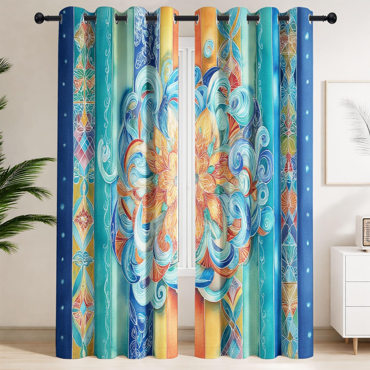 Rideaux Occultants Luxueux, Classique, Aquarelle 140 x 250 CM | Anti Froid et Chaleur - Lot de 2 Rideaux Style Mandala Exquis, Floral, Géométrique pour Le Salon et la Chambre à Coucher