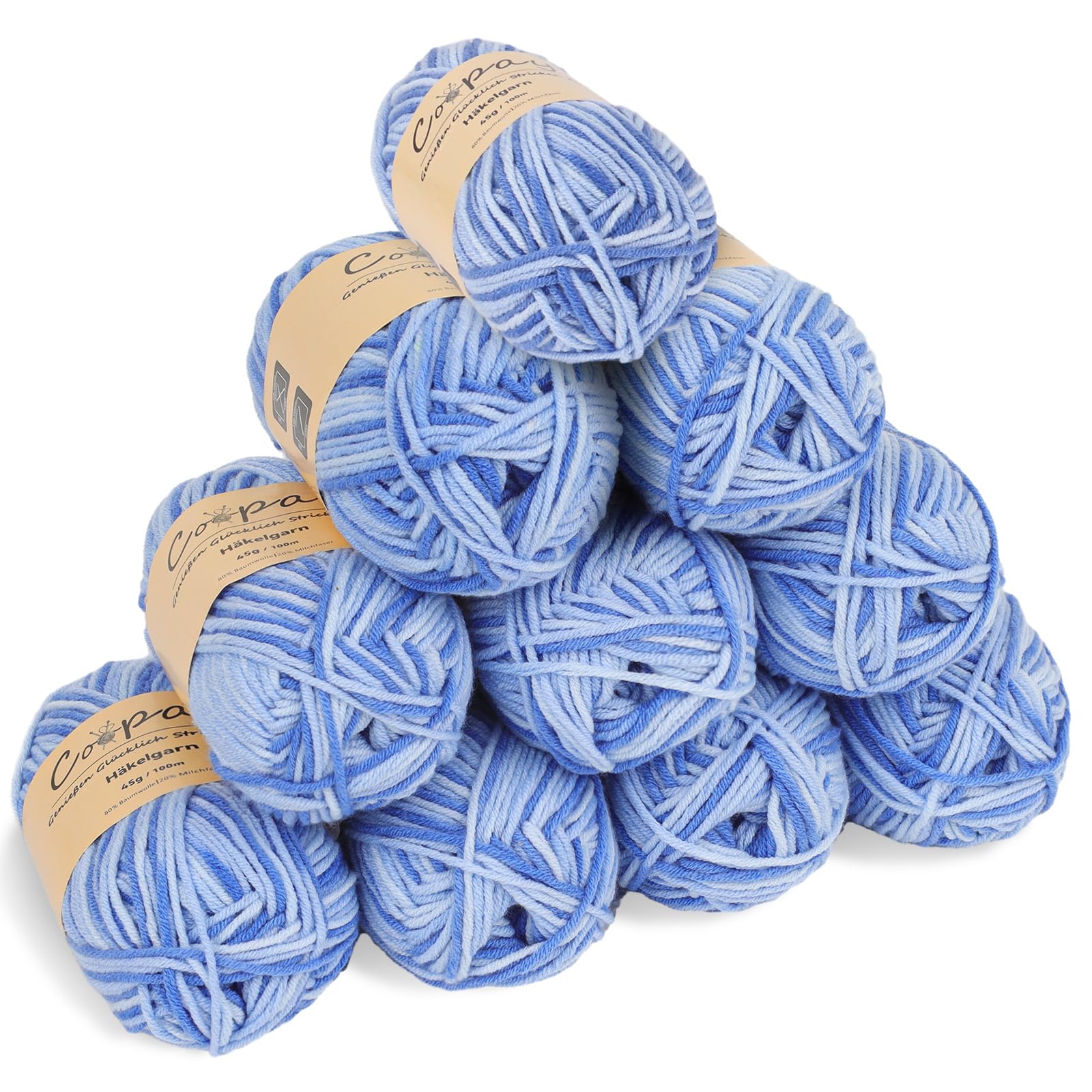Coopay Wolle zum Häkeln, Farbverlauf Häkelgarn 10x45g, Wolle zum Stricken, Weiche Bunt Milchfaser Baumwolle zum Häkeln, 5-Fädig, Schöne Häkelwolle für Schal, Socken, Babykleidung, Puppe - Himmelblau