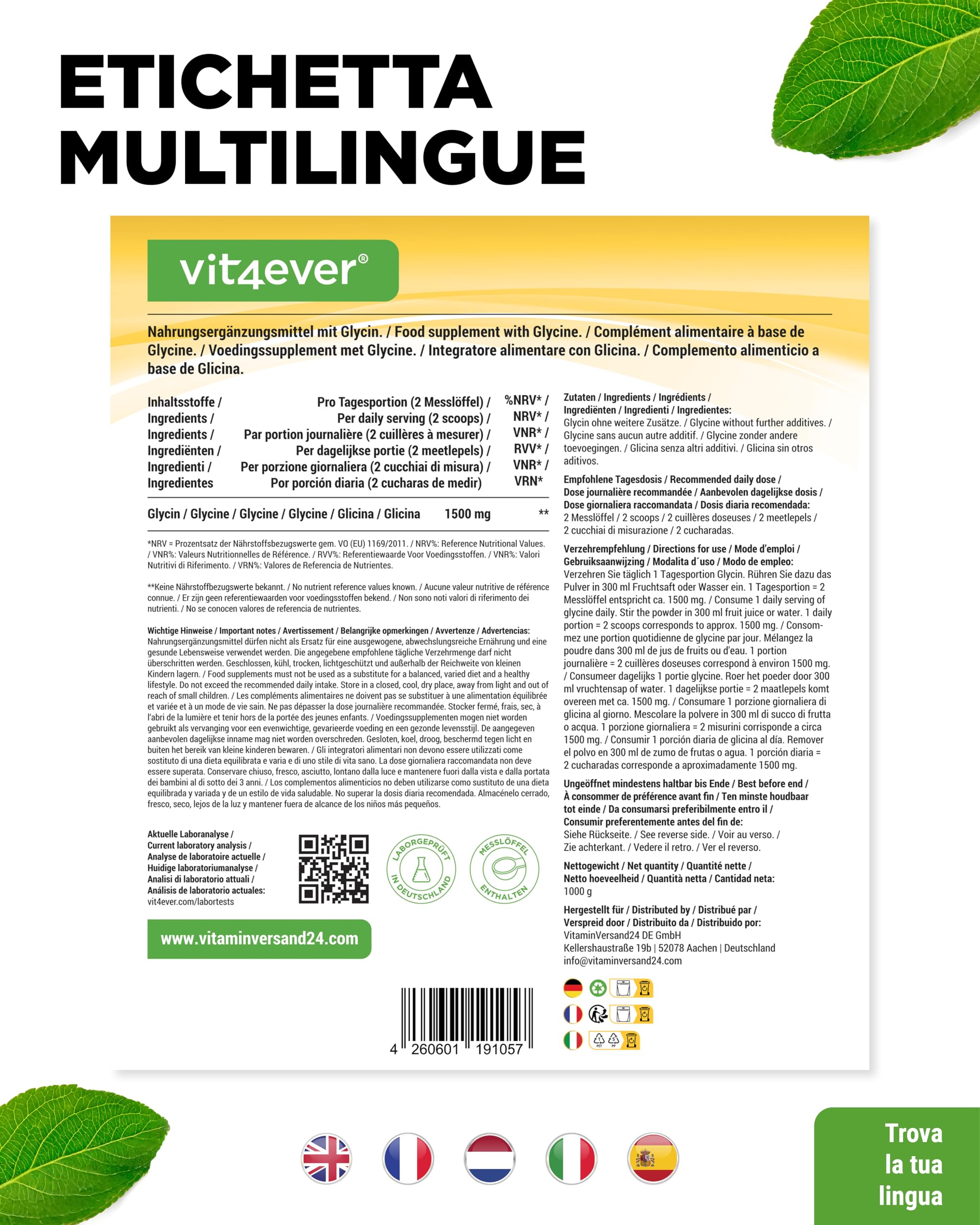 vit4ever Glicina pura - 1000 g (1 kg) di polvere pura senza additivi - Con cucchiaio dosatore - Amminoacido L-glicina dosato in modo ottimale, naturalmente dolce - Vegano