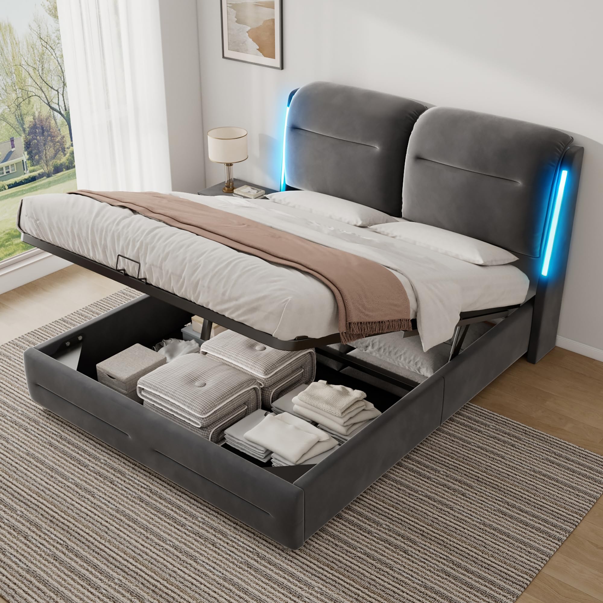 ZUUYEE King Size Bed Frame with Storage, Velvet, Grey, 5ft, no Mattress