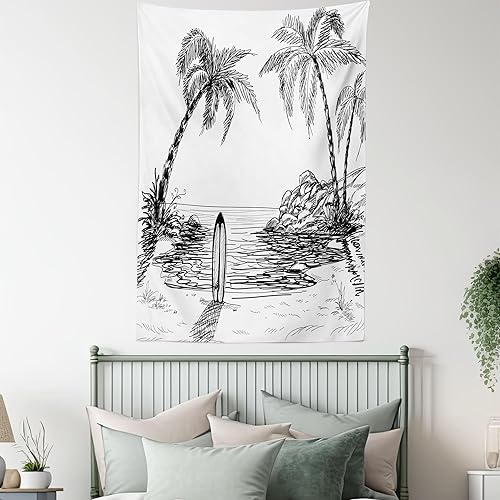 Miniatura 5 de Ambesonne Tapiz de surf, paisaje marino con árbol de coco y tabla de surf en la arena, boceto de isla exótica de verano, colgante de pared para
