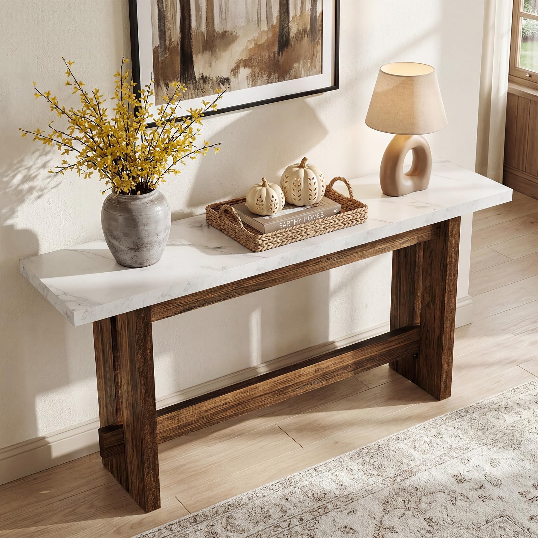 Tribesigns 160cm Legno Tavolo Consolle, Tavolo da ingresso Stile Fattoria con Piano Finto Marmo, Tavolo lungo e Stretto Dietro il Divano per Entryway, Corridoio, Soggiorno, Ingresso