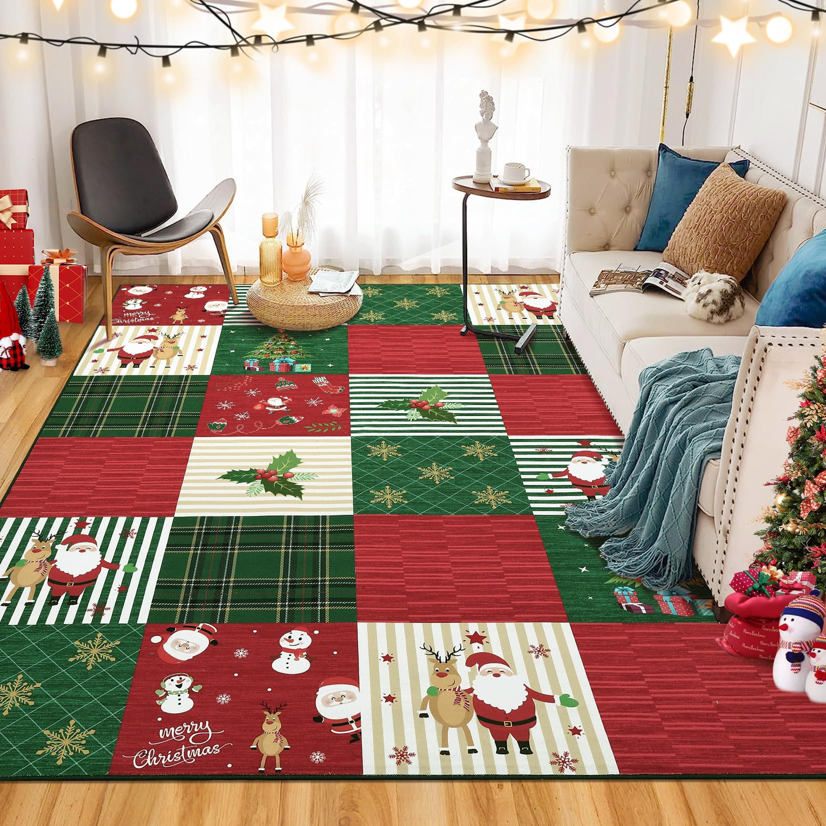CAROMIO Tapis de Noël Rouge/Vert Tapis de Zone de Noël Cloche Flocon de Neige Ornement de Renne Tapis Grand Tapis de Salon Moquette Lavable Moquette de Sol à Faible Hauteur pour Intérieur, Rouge 140 x