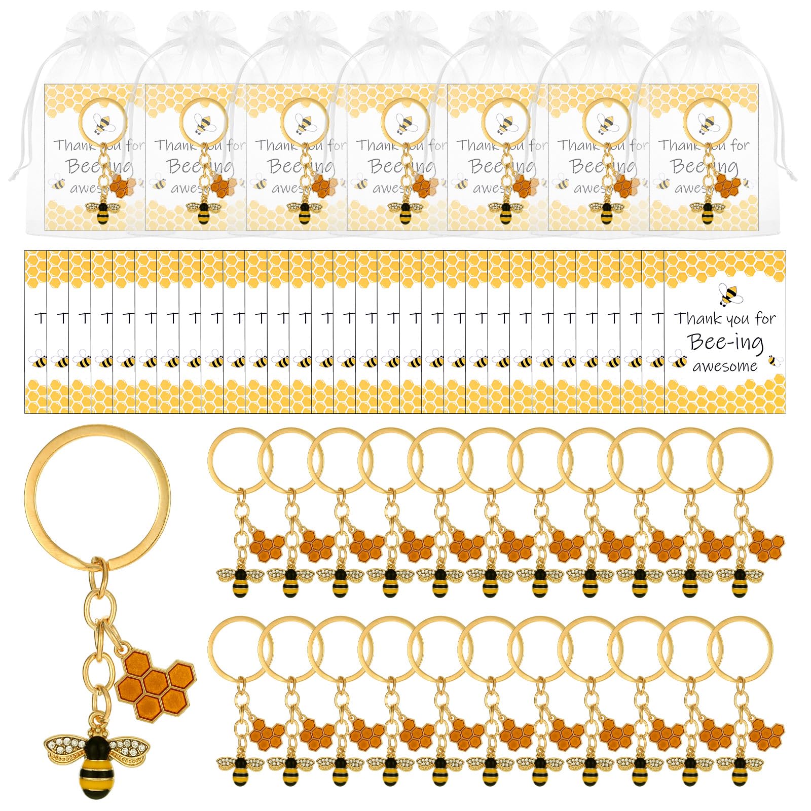 xuhaggeo 50PCS Employee Appreciation Gifts Bee Keychain Set, Inspirational Bee Gifts with Thank You Cards Organza Bags, Cute Thank You for Coworkers Teachers Staff Colleagues