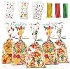 RFWIN 102Pcs Christmas Cellophane Bags Clear Treat Bag, Xmas Cello Bags Kids Christmas Party Favor Bags with Gold Red Green Twist Ties for Snack Cookies