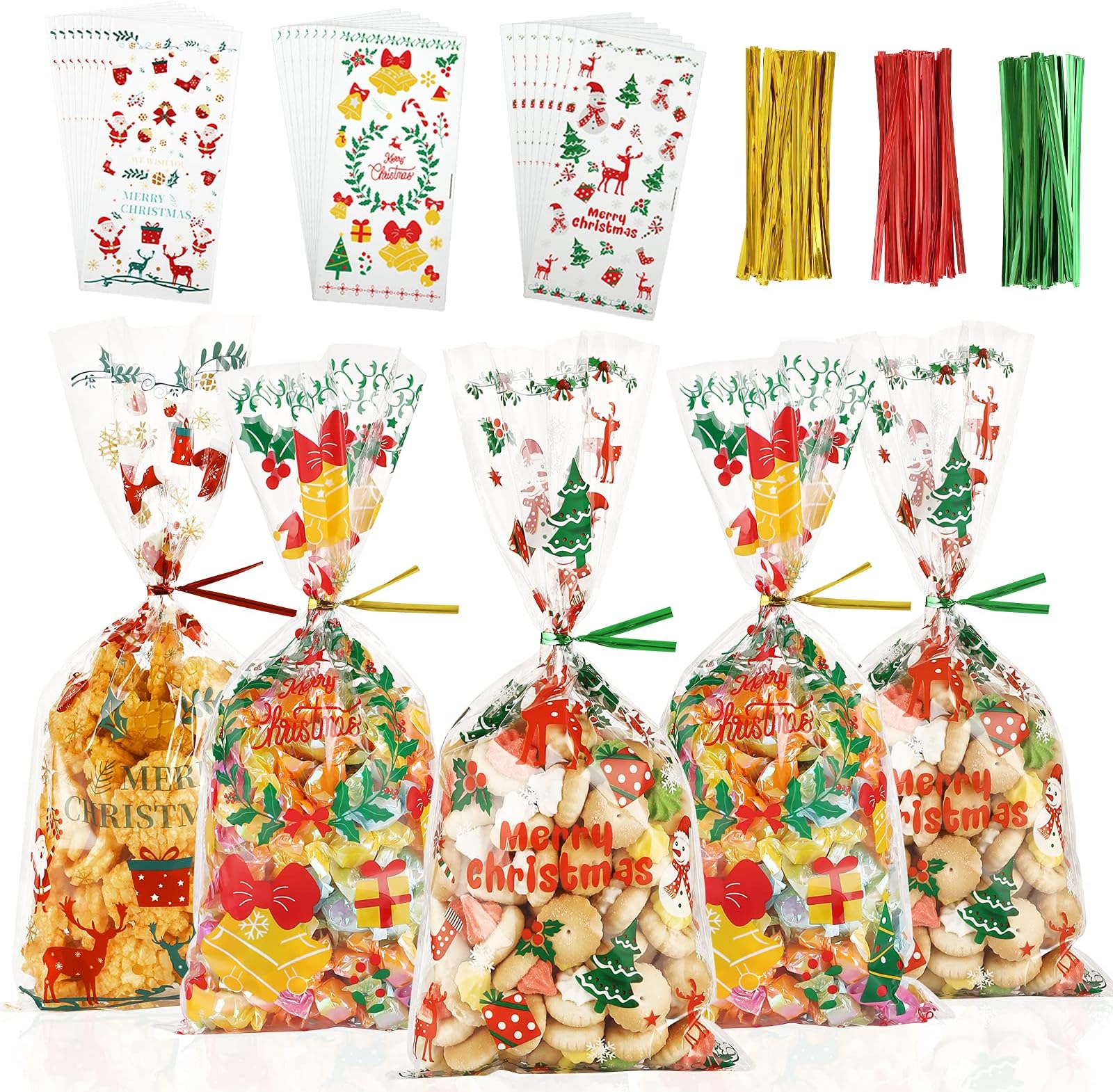 RFWIN150Pcs Christmas Cellophane Bags Clear Treat Bag, Xmas Cello Bags Kids Christmas Party Favor Bags with Gold Red Green Twist Ties for Snack Cookies