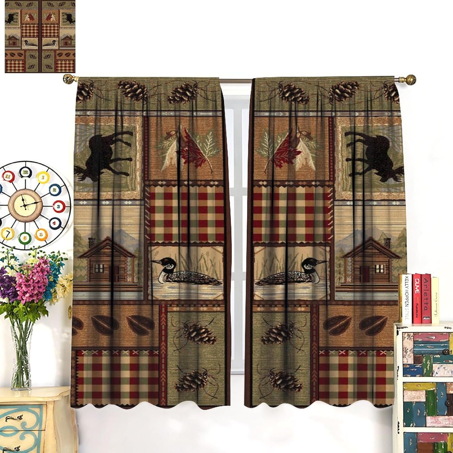 Rustic Cabin Curtains，Vintage Farmhouse Hunting Theme Moose Bear Elk Tree Plaid Window Treatment,Energy Saving Blackout Curtains for Bedroom,Set 2 Panels 42 x 63 Inch