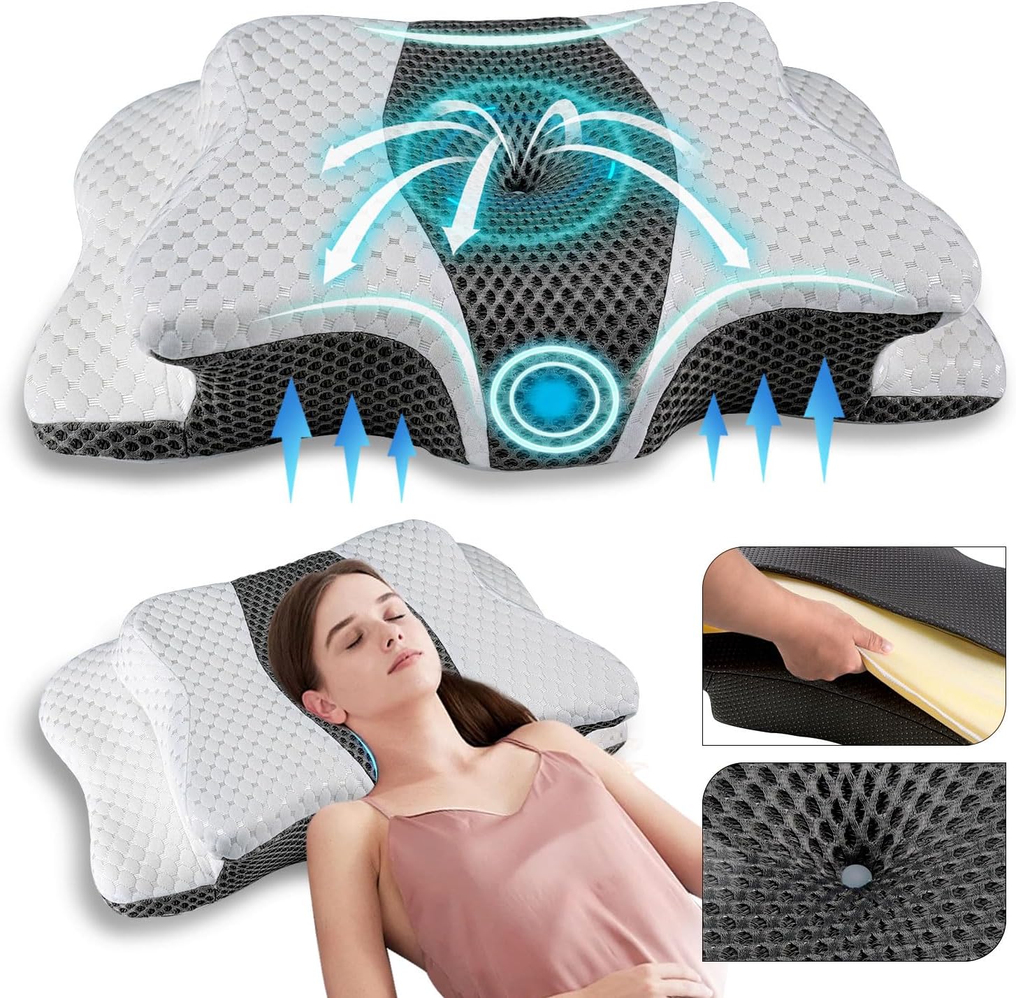 QIUBABYO Contour Ergonomic Pillow, Grey, Teal