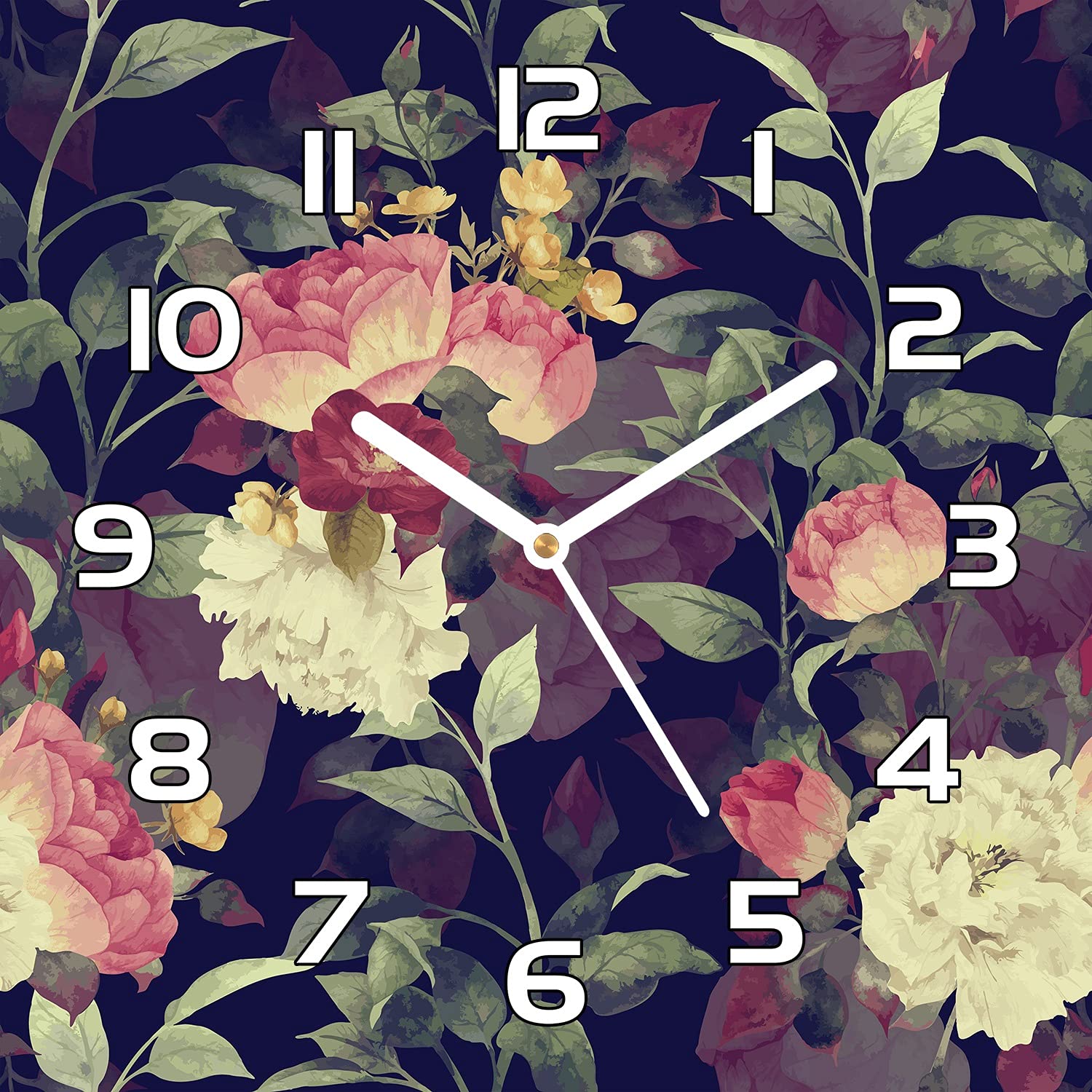 Horloge en verre 30x30 cm lisible avec aiguilles blanches sur fleurs vintage