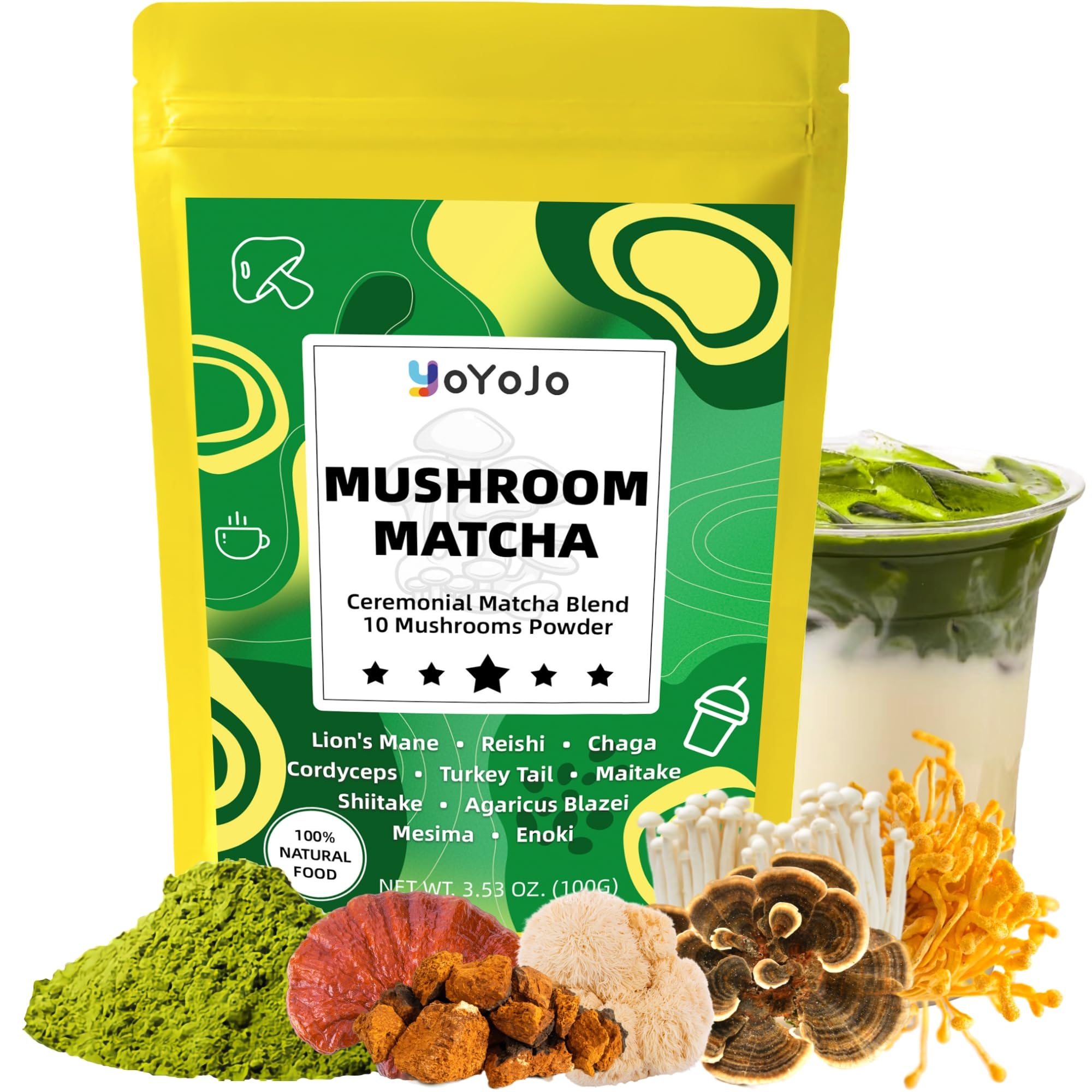 Mushroom Matcha 10 Superfood Mushroom Powder Blend with Japanese Ceremonial Grade Matcha Mushroom Coffee Alternative for Energy Focus