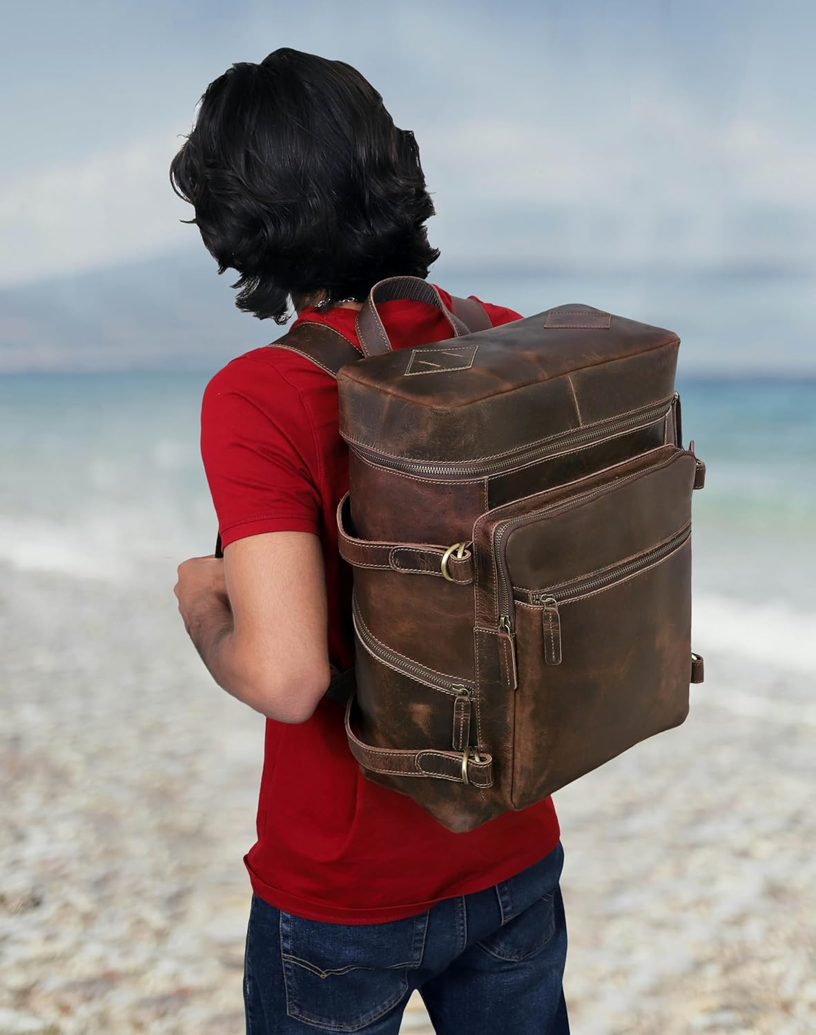 HLC Leather Backpack Genuine Laptop Rucksack For Men Women Genuine Large Capacity Business Retro Travel Camping Daypack Bag (Brown) - Image 5