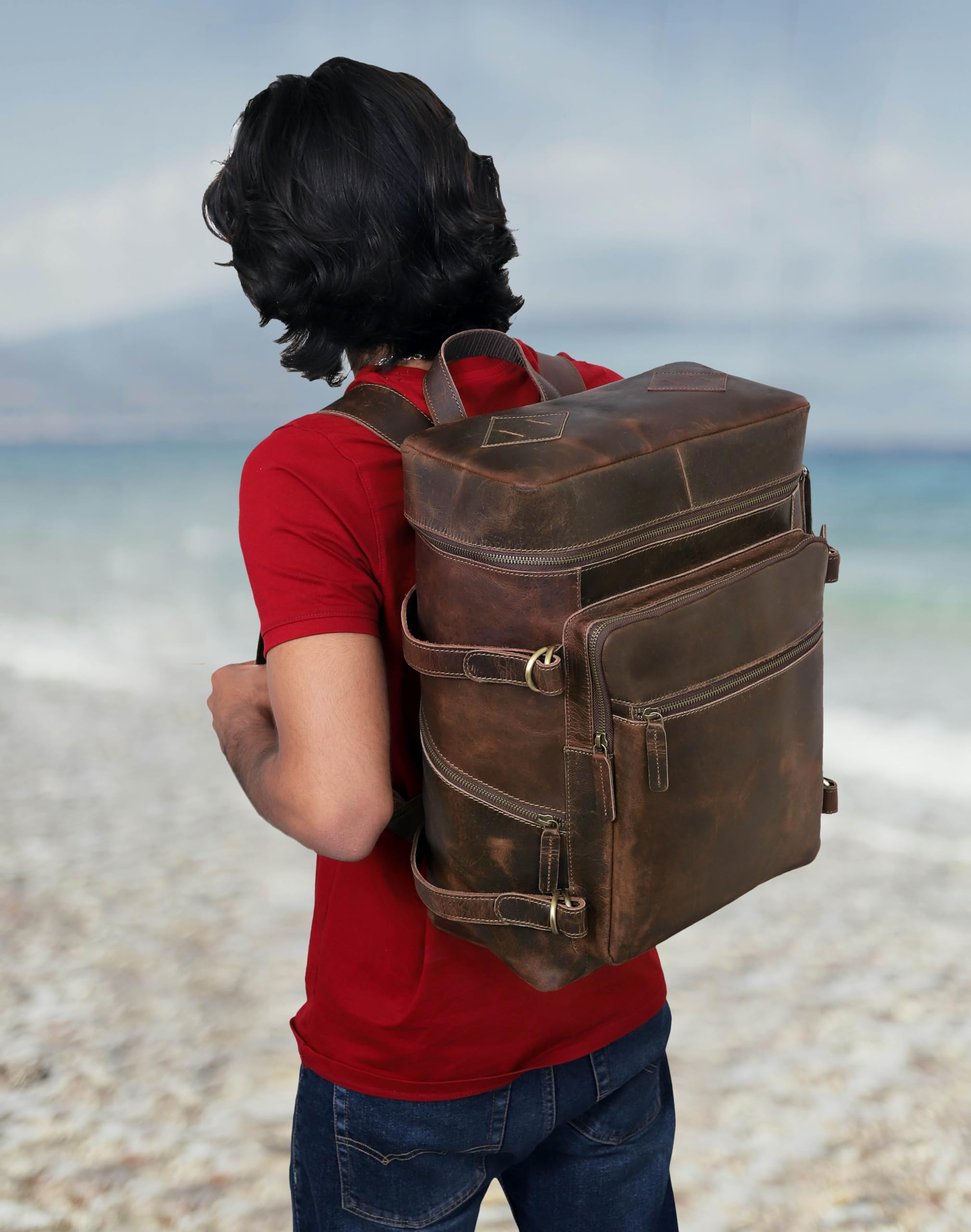 HLC Leather Brown Backpack For Men 17 Inch Genuine Laptop Backpack For Women Men Genuine Leather Backpack Vintage Large Capacity Business Retro Daypack