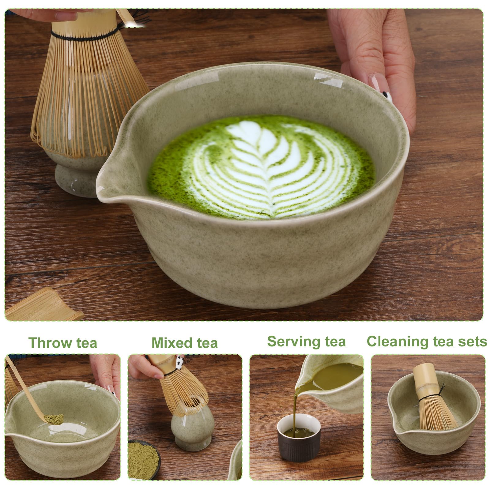 Matcha Set,Matcha Besen Set – Matcha Schale mit Ausgießer, Matcha Schneebesenhalter, Matcha Besen, 2Matcha Löffel, Matcha-Set Geschenk für Matcha-Liebhaber Weihnachten, Matcha Starter Set