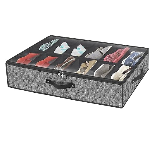homyfort Shoe Organizer Under Bed,Closet Underbed Shoe Container Box Holder Storage with Clear Cover, Fit 12 Pairs,White with Lantern Printing