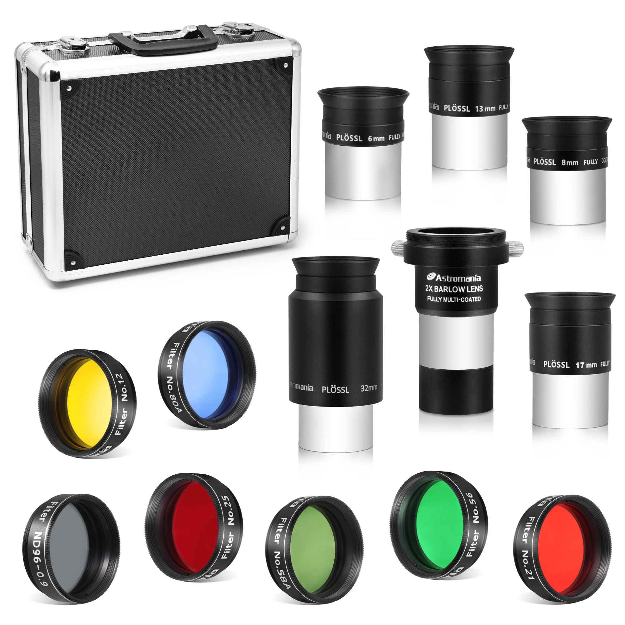 Astromania 14 Piece Telescope Accessory Kit 1.25 Inch Telescope Eyepiece and Filter Set Deluxe Version, 5pcs Plossl Eyepiece Set, 6pcs Colored Filter Set, Moon Filter, 2X Barlow Lens&Sturdy Carry Case