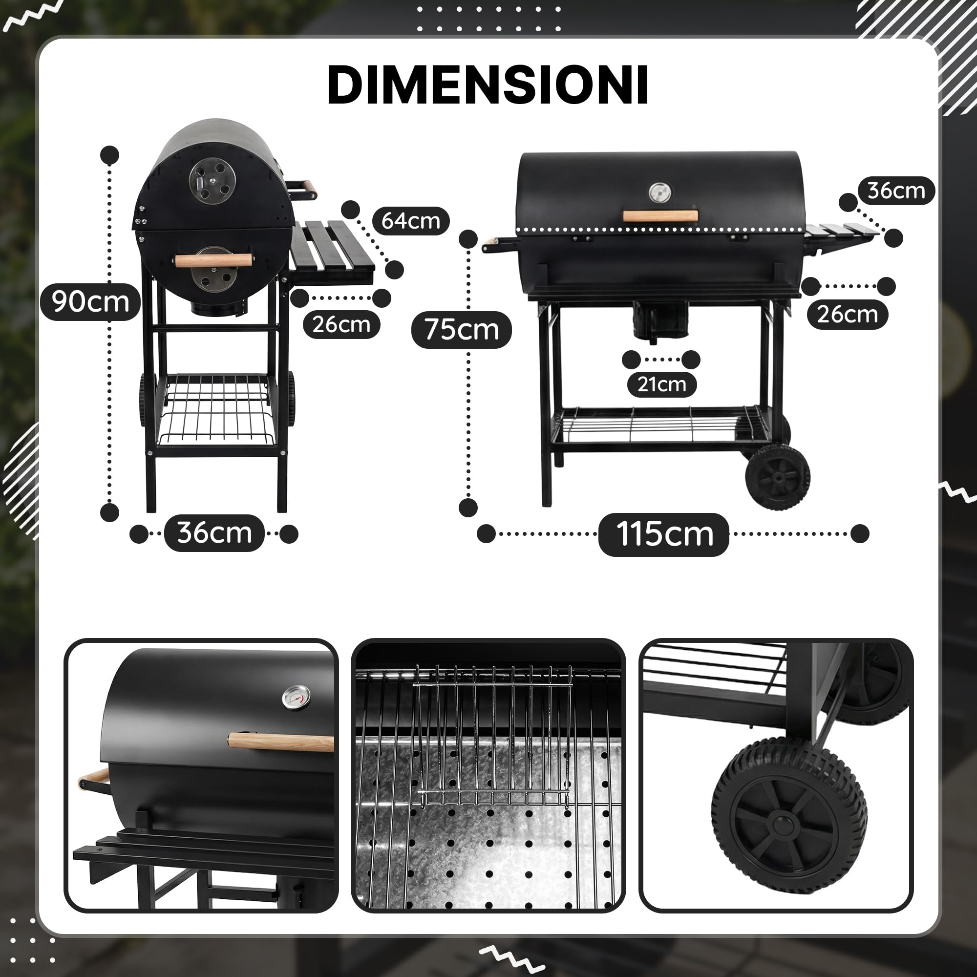 Grill & Chill Barbecue a Carbone 71×35 cm Coperchio con Termometro Acciaio Nero