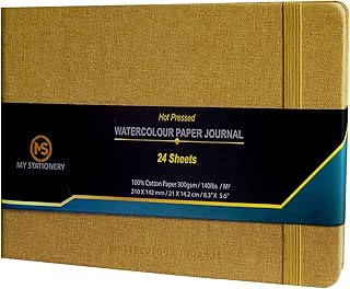 A5 Watercolour Pad Hot Pressed Paper Sketch Book Linen Fabric Hardcover Thread Sewn Binding Paper Journal 140lb (300gsm) 100% Cotton Off-White Paper Sketchbook 24 Sheets – Light Gold Cover