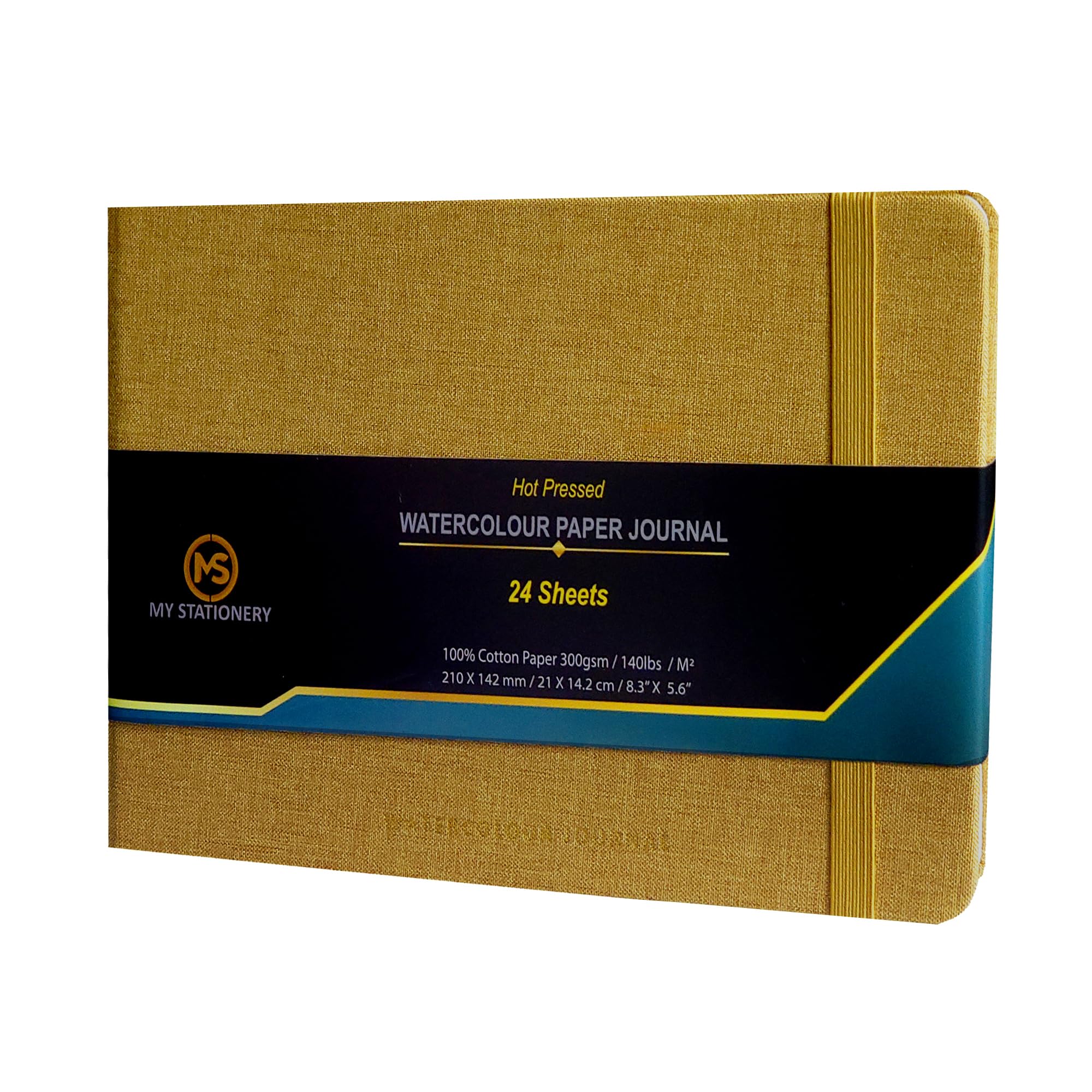 Ms My Stationery Gold A5 Watercolour Pad Hot Pressed Sketch Book Linen Fabric Hardcover Thread Sewn Binding Paper Journal 140Lb (300Gsm) 100% Cotton Off-White Paper Sketchbook 24 Sheets – Light Cover
