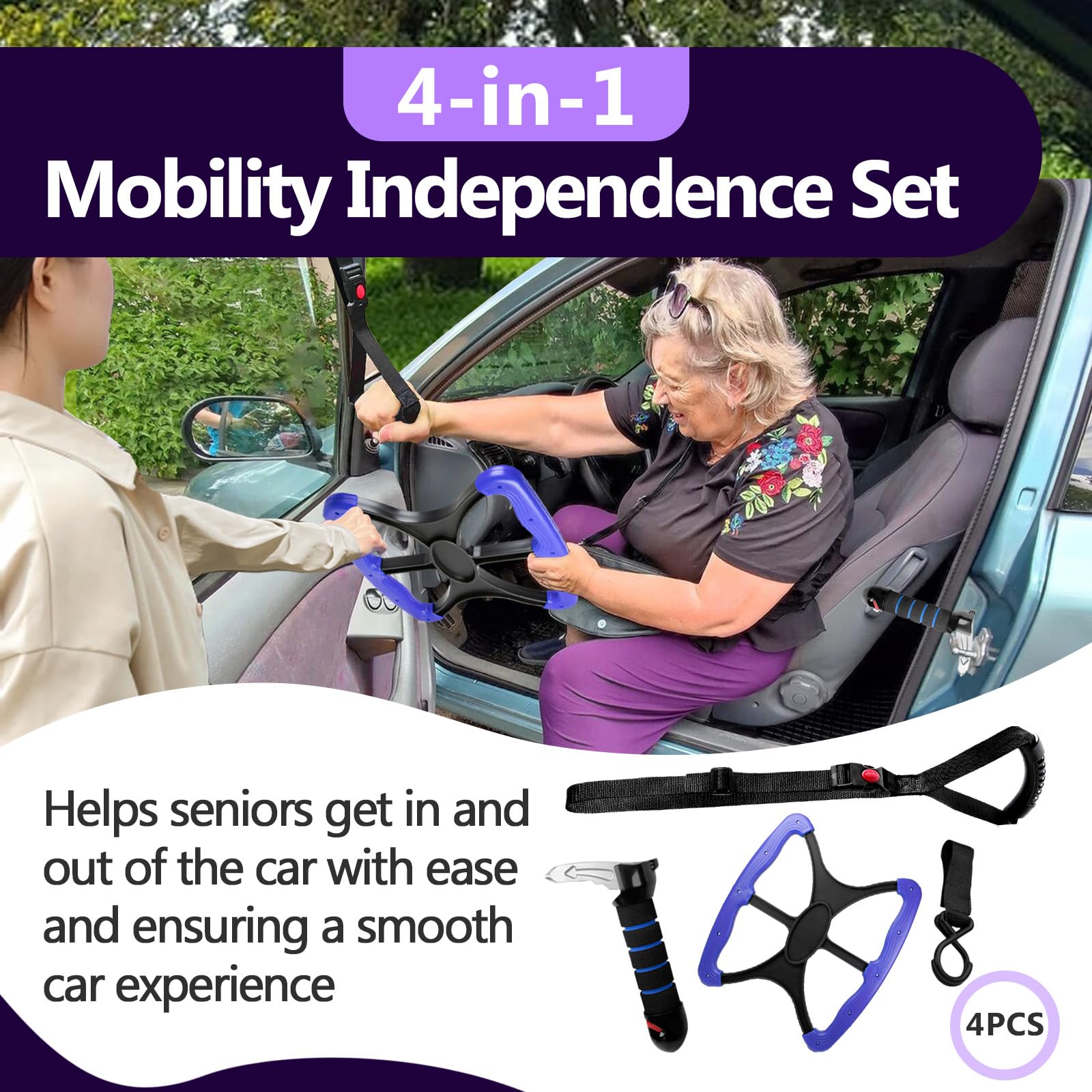 4-in-1 Mobility Independence Set, Incl Car Door Handle For Elderly, Portable Standing Aid, Adjustable Car Door Handle with Lift Assist Hook, Car Door Assist Handle for Elderly, Disabled and Pregnant — Amazon image 2