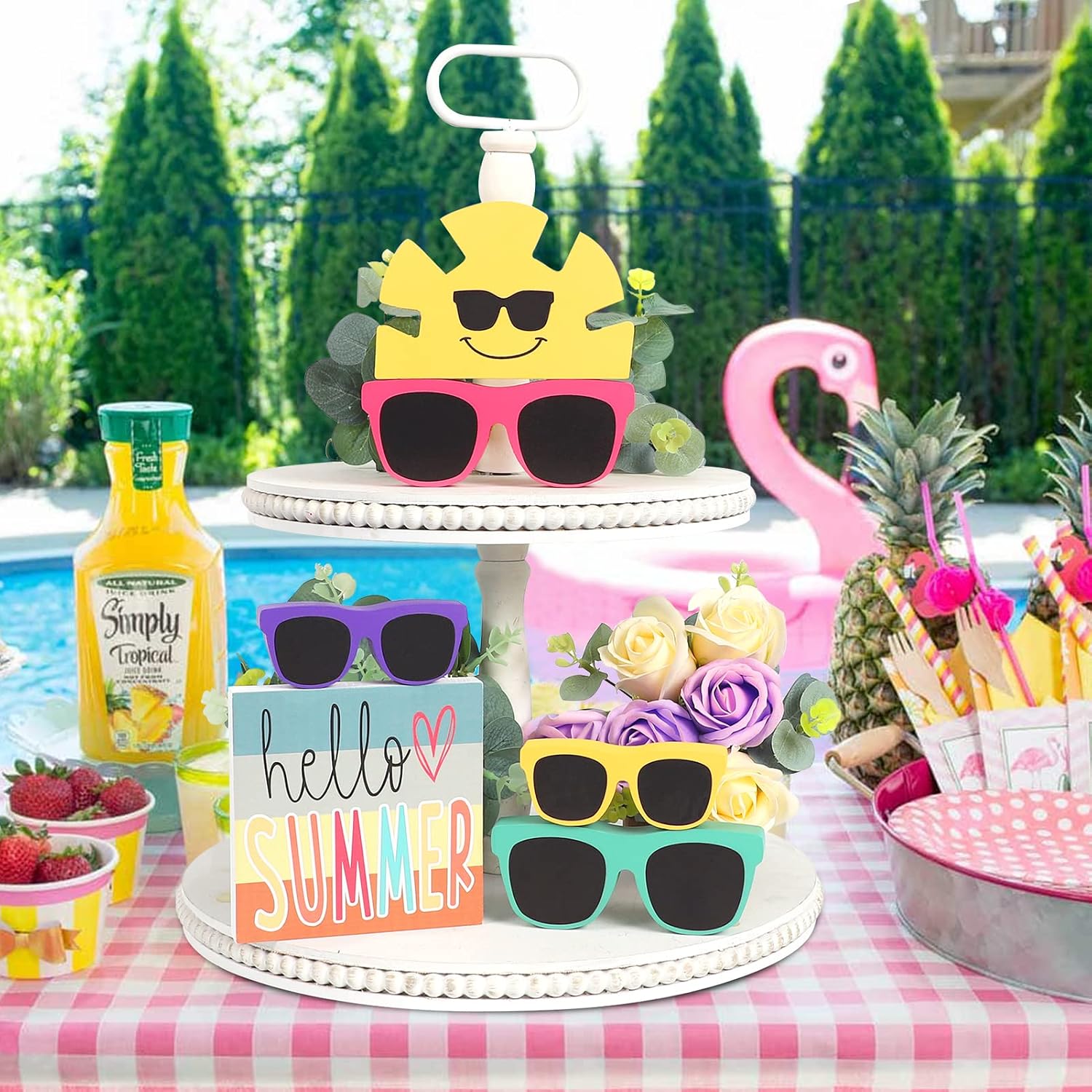 DAZONGE Summer Decor - 6 PCS Rustic Summer Tiered Tray Decor - Sunglasses Sunshine Wood Home Decorations - Luau Party Decorations image 2
