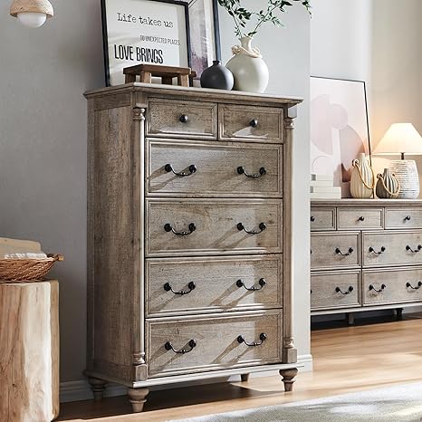 T4TREAM Farmhouse 6 Drawers Dresser Chests for Bedroom w/4 Solid Wood Feet & Column Decor, Tall Wood Country Rustic Chest of Drawers, Storage Dressers for Bedroom, Living Room, Light Rustic Oak