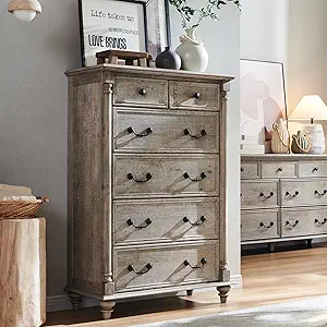 T4TREAM Farmhouse 6 Drawers Dresser Chests for Bedroom w/4 Solid Wood Feet & Column Decor, Tall Wood Country Rustic Chest of Drawers, Storage Dressers for Bedroom, Living Room, Light Rustic Oak