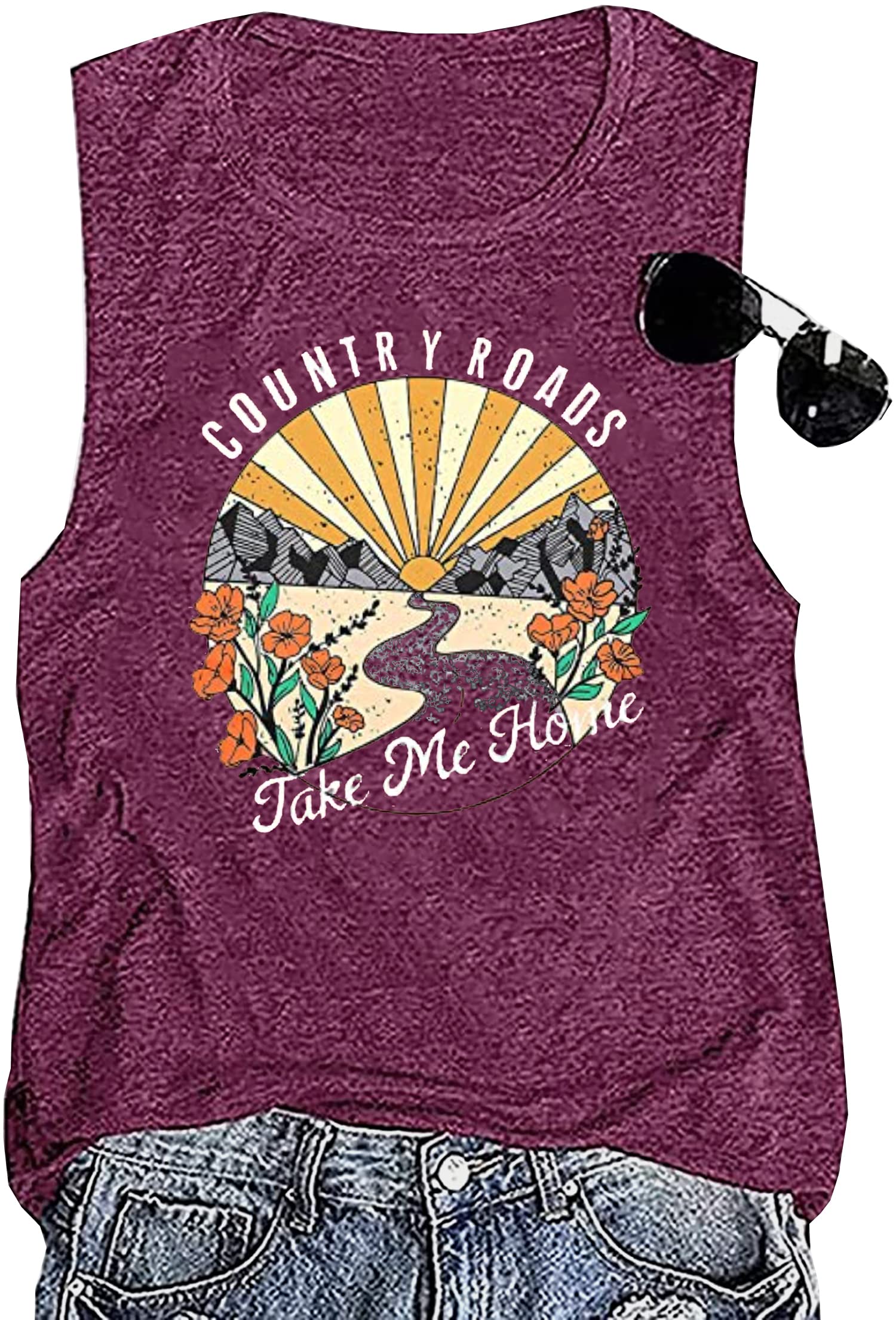 SusongethCountry Roads Take Me Home Floral Tank Top for Women Hiking Mountain Sleeveless T Shirt Tees Camping Vest