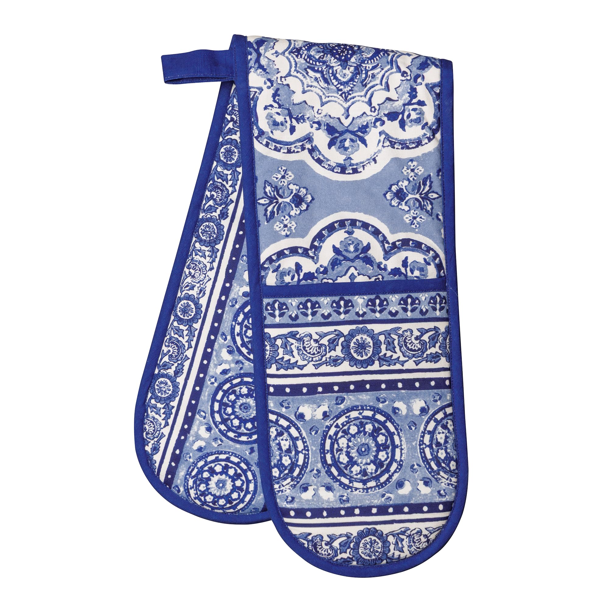 Maison D' Hermine Melodie Bleue Double Oven Mitts 100% Cotton 18 Cm X 89 Cm Double Oven Mitt Heat Resistant Bbq Cooking Gloves With Loop,Baking,Grilling,Home,Kitchen,Handling Hot Pans Spring Summer (Melodie Bleue)