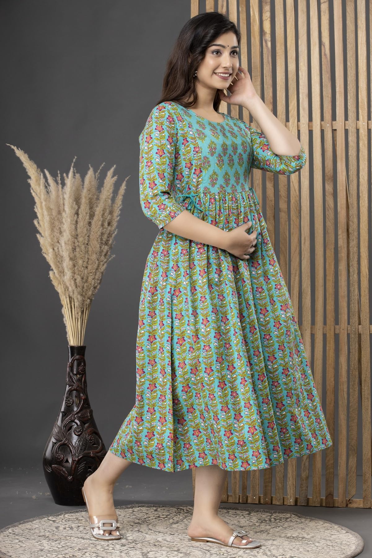 Rishabh Creation Women's Cotton Floral Printed Maternity Dress Kurti with Feeding Zipper 4