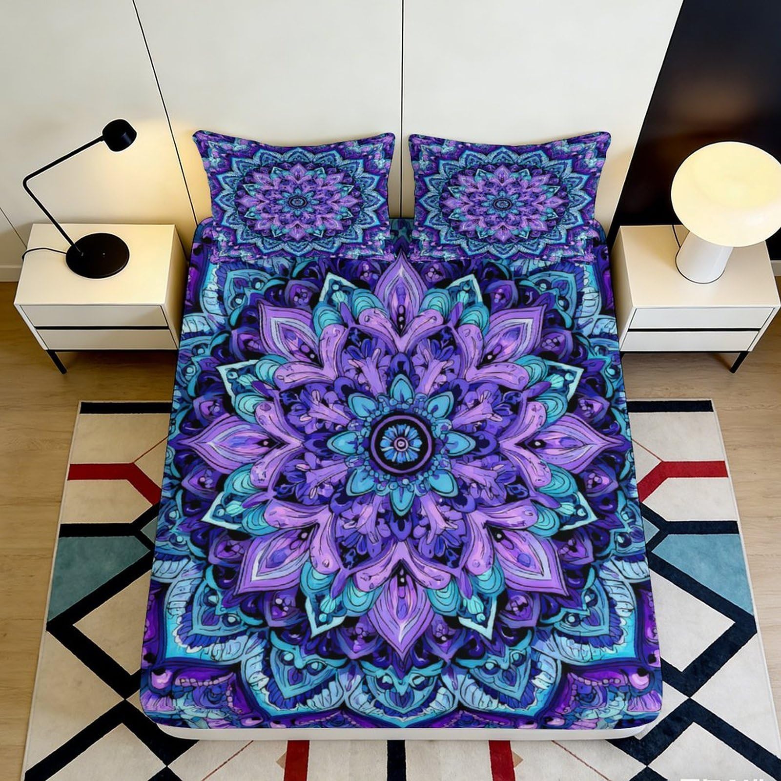 3D Printed Mandala Fitted Sheet Microfiber Deep Pocket Elastic Non-Slip Bedroom Bedding Mandala Mattress Fitted Cover for All Ages 90x200x25cm