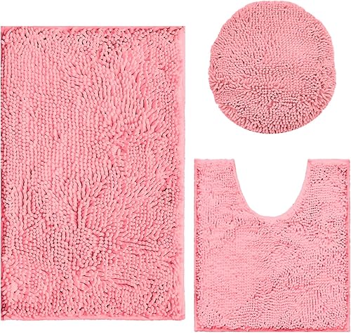 Juego de 3 alfombras de baño de felpilla ultra suave, antideslizante y súper absorbente, parte inferior de PVC fuerte, lavable a máquina, color rosa