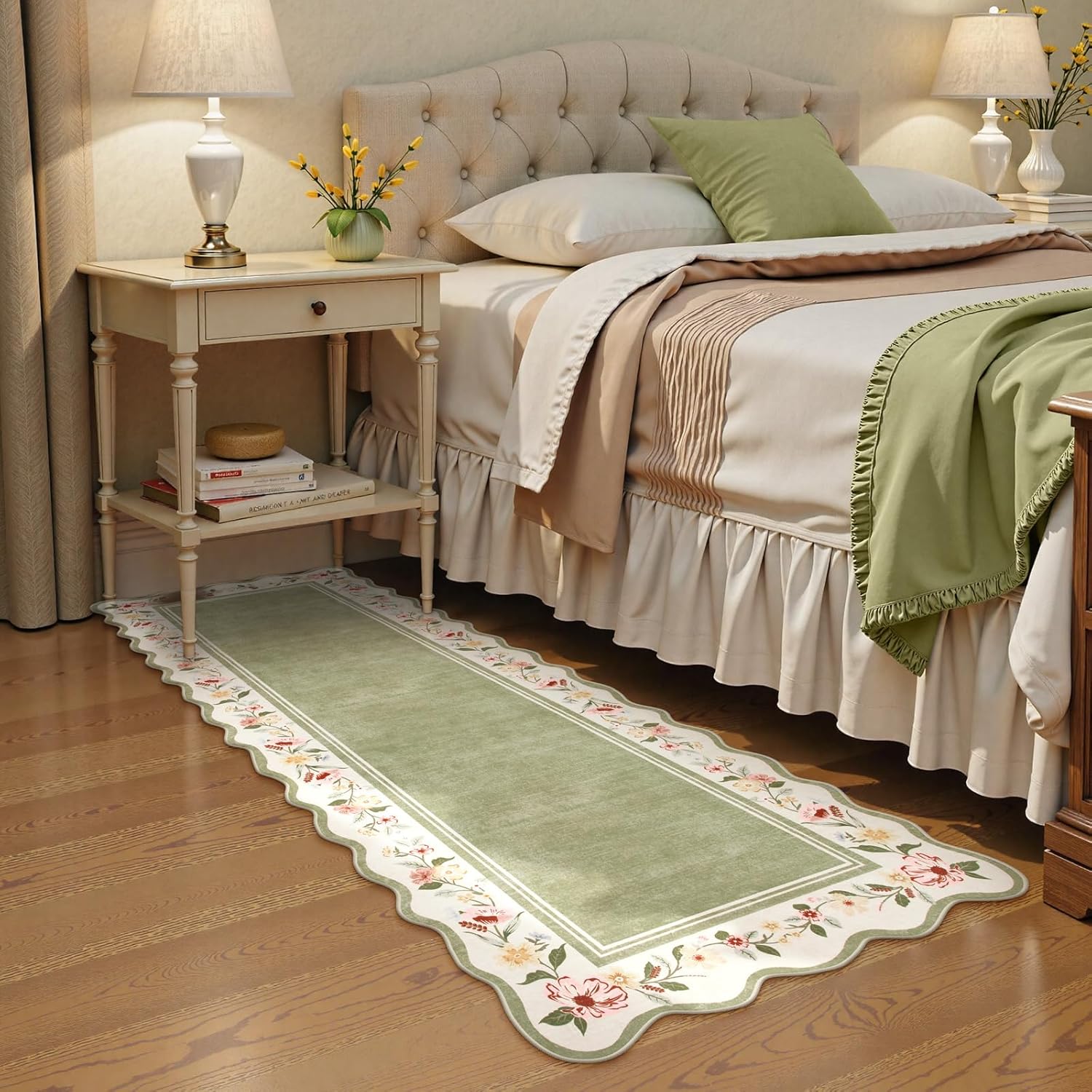 Lahome Floral 2'x 6' Washable Kitchen Runner Rug, Green Rug Runners for Hallways Non Slip, Scalloped Runner Rug Ultra-Thin Stain Resistant Boho Carpet for Entryway Bathroom Bedroom（Green，2x6ft） - Image 5