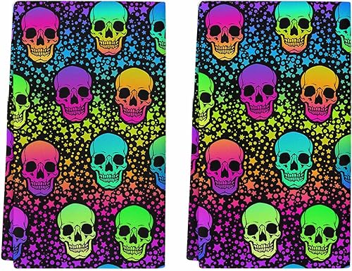 Juego de 2 toallas de cocina y paños de cocina, diseño de calavera colorida iridiscente de 18 x 28 pulgadas, toallas de mano absorbentes de secado