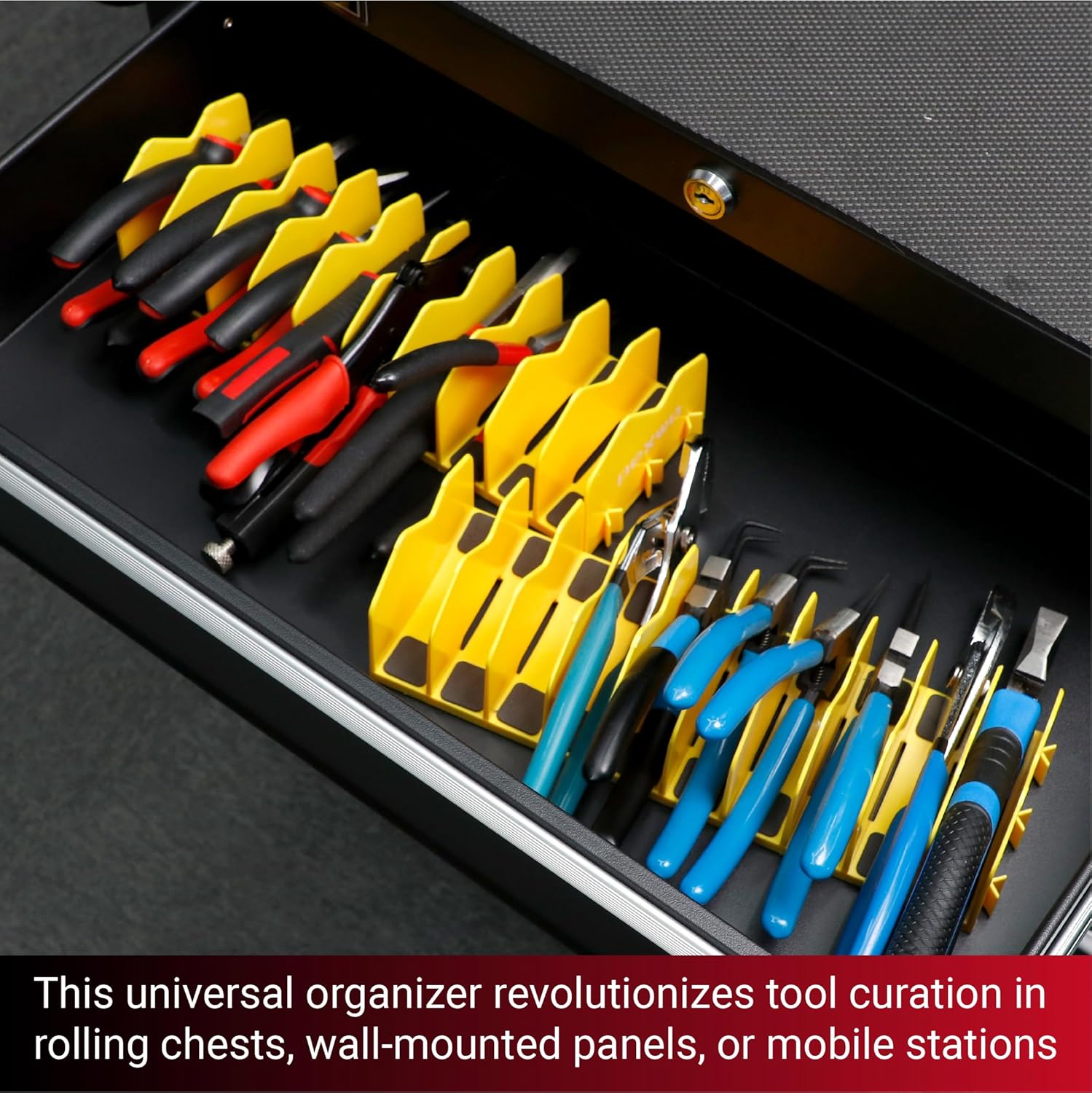 Plier Organizer & Rack (4-Pack, Yellow) – 40-Slot High-Visibility Tool Holder for Toolbox Drawers – Non-Slip Base, Interlocking Modular Storage for Pliers, Cutters & Wrenches