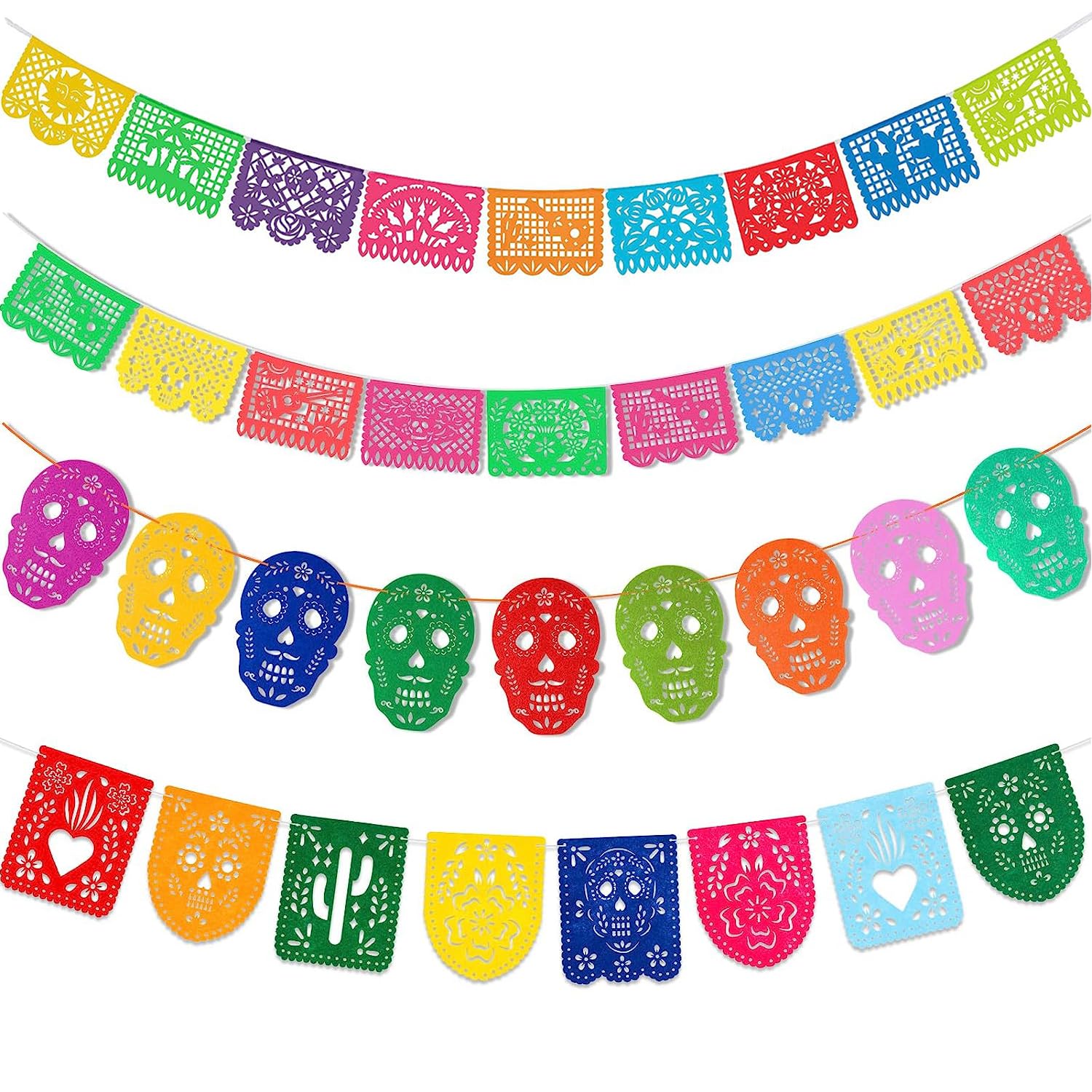 XINDY 4Pcs Mexican Fiesta Banners Day of the Dead Papel Picado Skull Bunting Banner Halloween Dia De Los Muertos Garland for Cinco De Mayo Day of the Dead Decorations Mexican Party Supplies