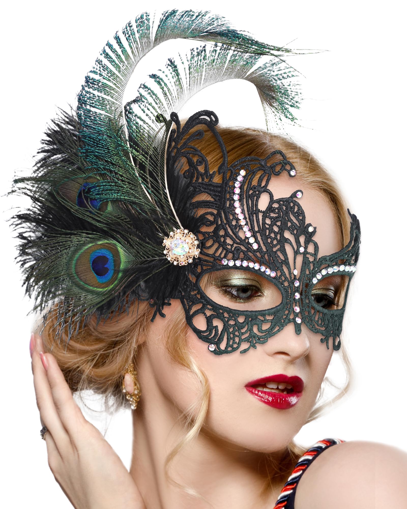 ETOFETE Feather Masquerade Mask for Women Green Venetian Lace Eyemask — image 1