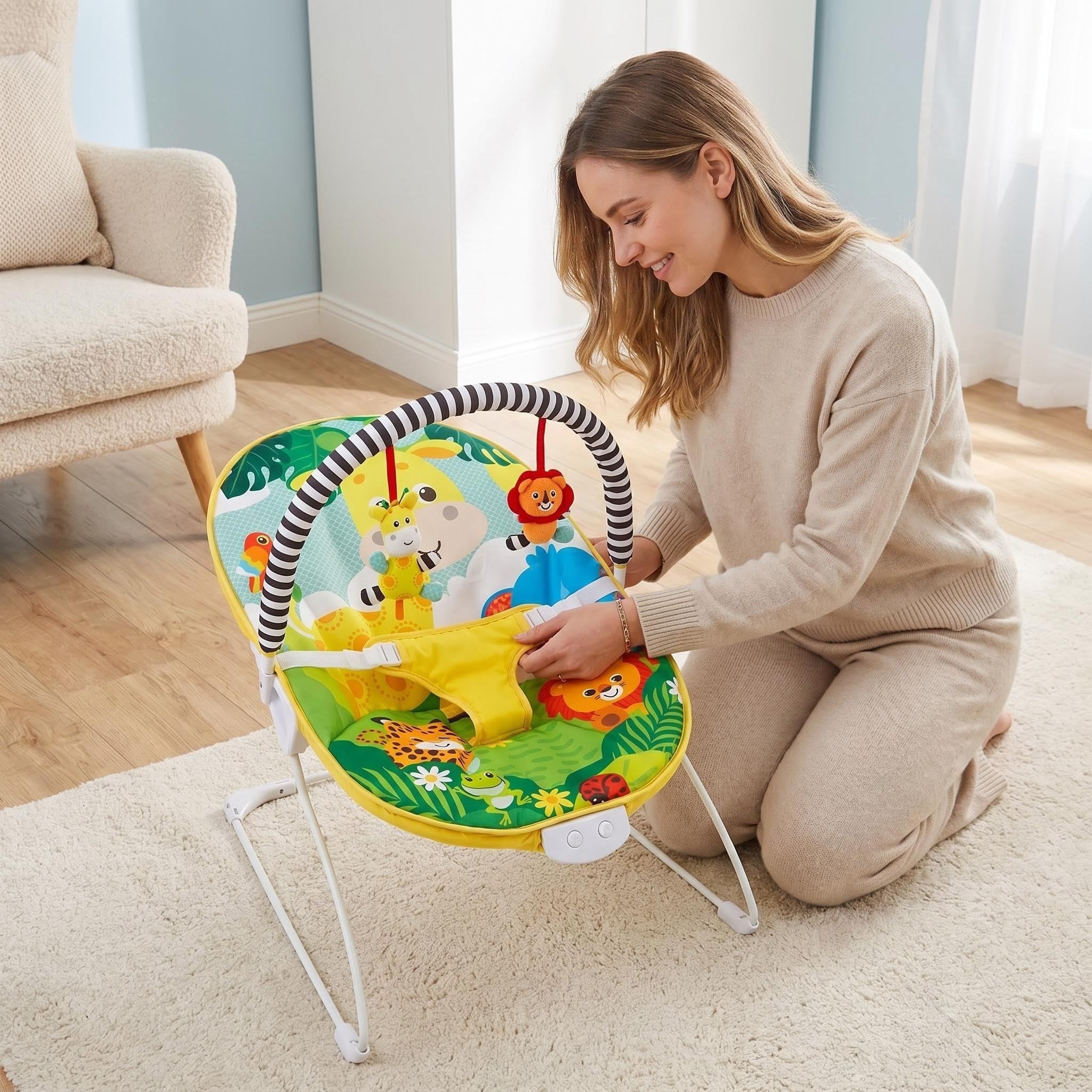LADIDA Transat pour bébé, thème safari lumineux et coloré, musique apaisante et vibrations pour détendre et divertir