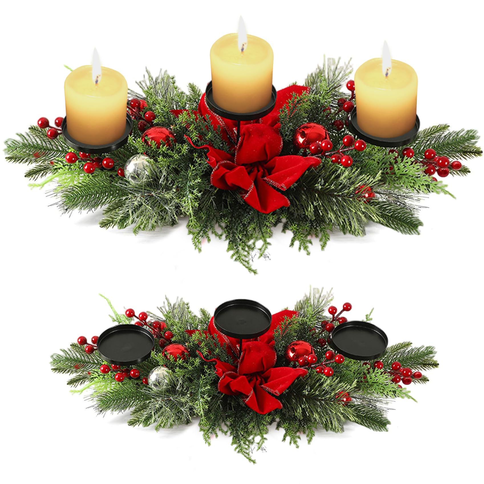 Portacandele natalizio con 3 vassoi Centrotavola natalizio con fiocco, palline, bacche e aghi di pino per decorazioni natalizie per la tavola delle feste
