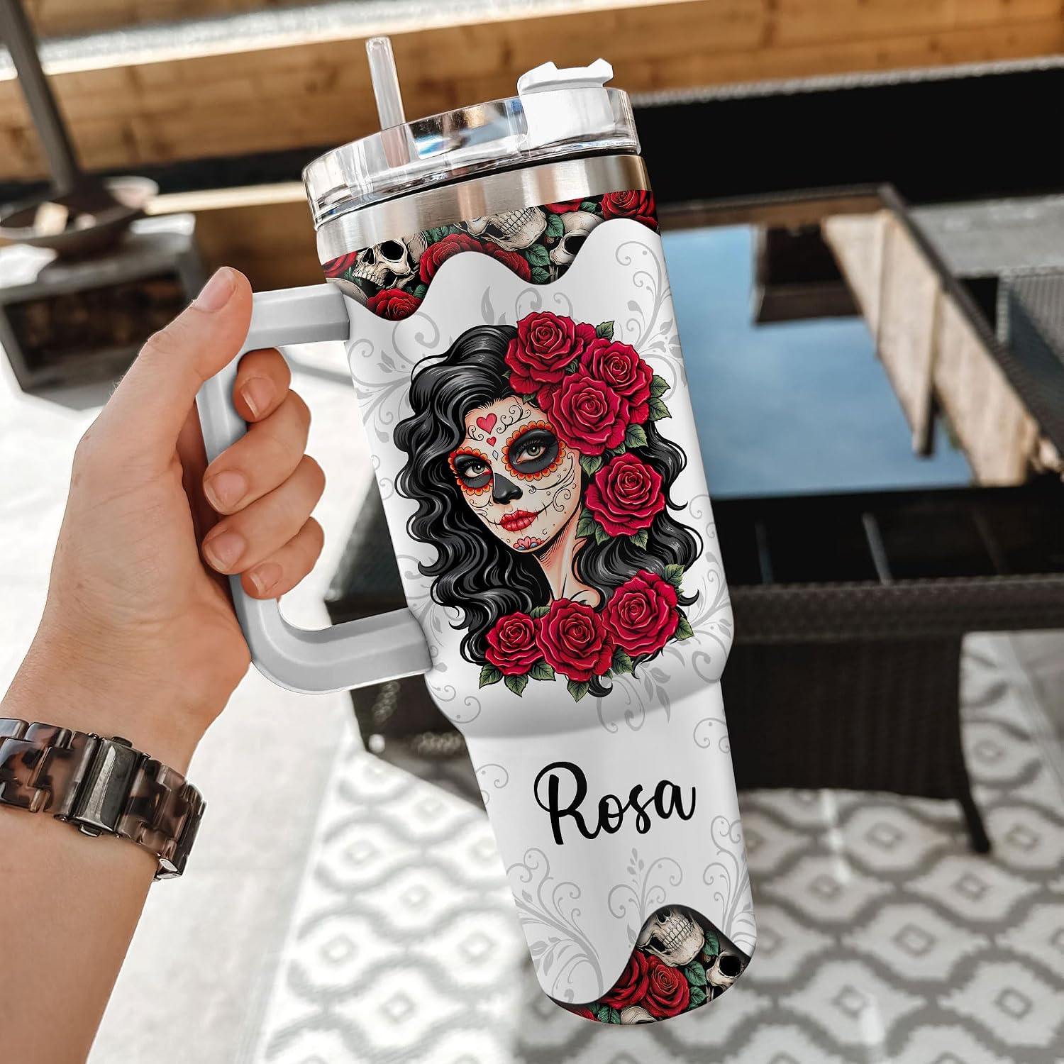 Hyturtle Personalized Gifts For Sugar Skull Lover Tumbler 40oz with Handle and Straw - Stainless Steel Travel Coffee Cup With Lid - Idea Gothic Gifts For Women, Girl On Birthday Christmas