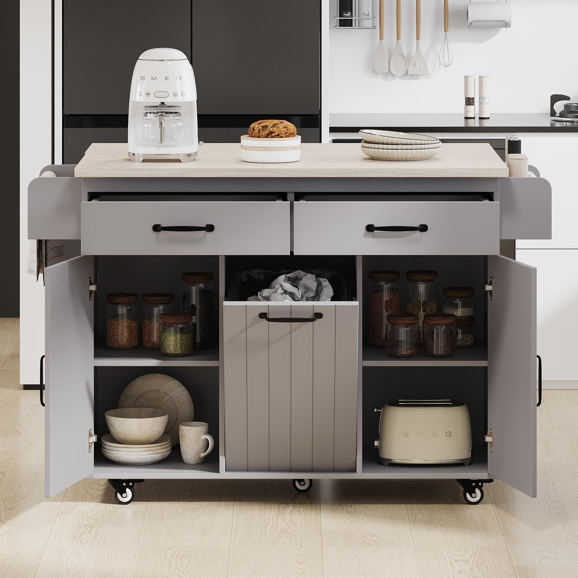 Ball & Cast Kitchen Island with Trash Can Storage Cabinet,Kitchen Cart W/Drop Leaf,Spice Rack,Towel Rack and Drawers,Rolling Kitchen Islands on Wheels W/Adjustable Shelf for Dining Room,Grey