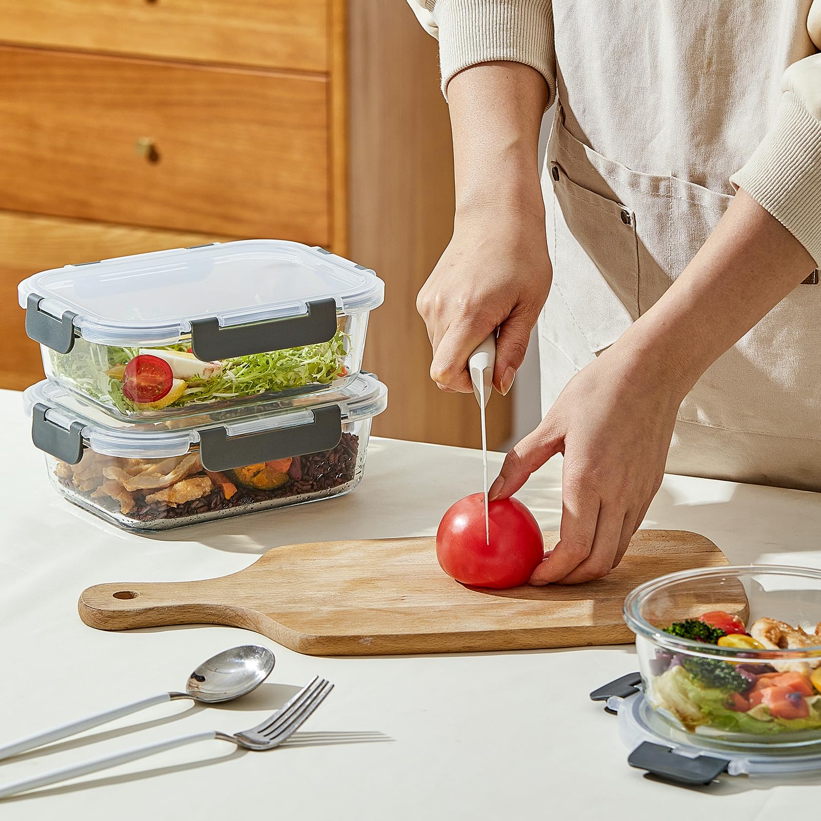 10 paquetes de recipientes de vidrio de 22 onzas para preparación de comidas, recipientes de vidrio para almacenamiento de alimentos con tapas, reutilizables, herméticos, a prueba de fugas,
