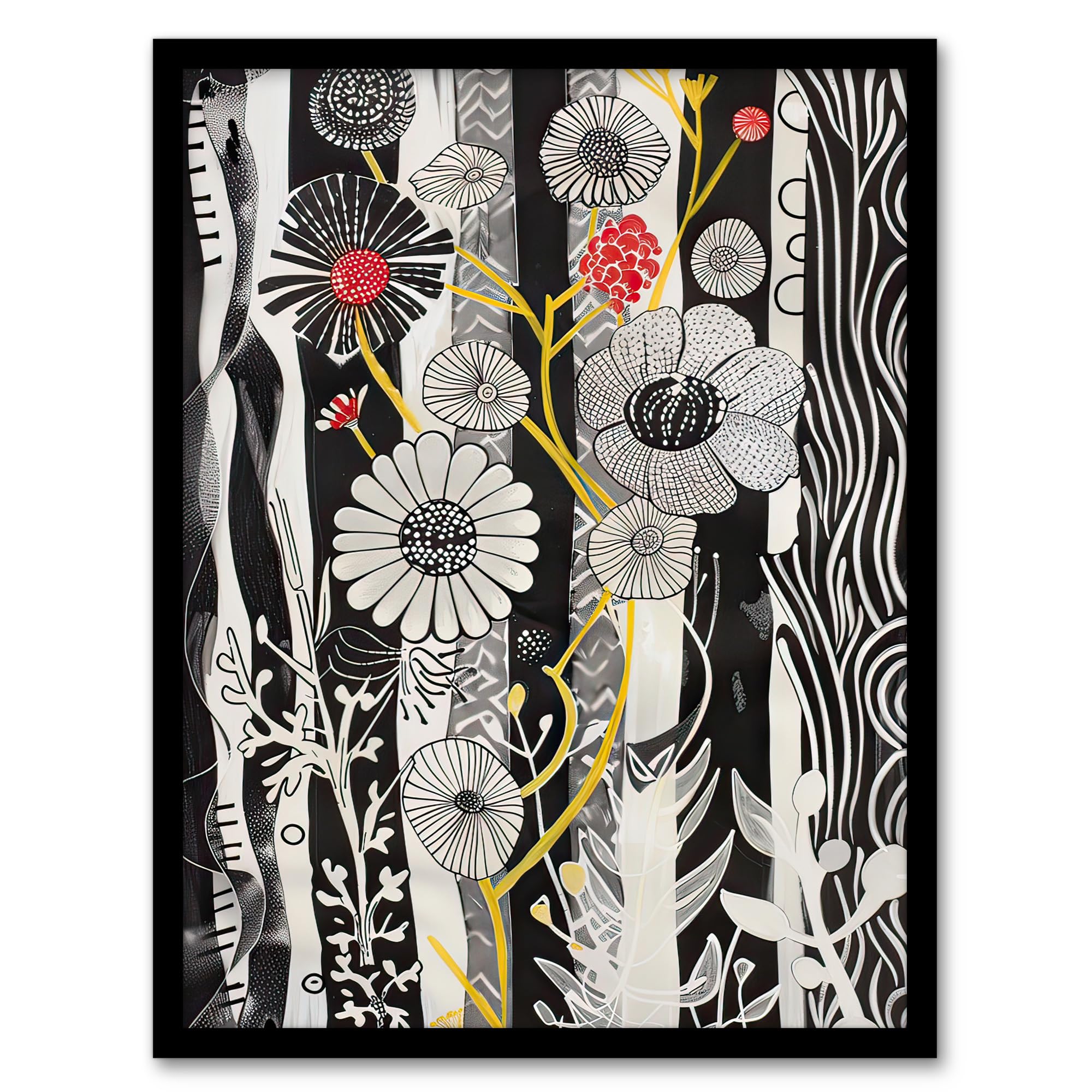 Artery8 Black And White Stripes Abstract Wildflower Garden Wall Art PrintA4 Size from B&Q