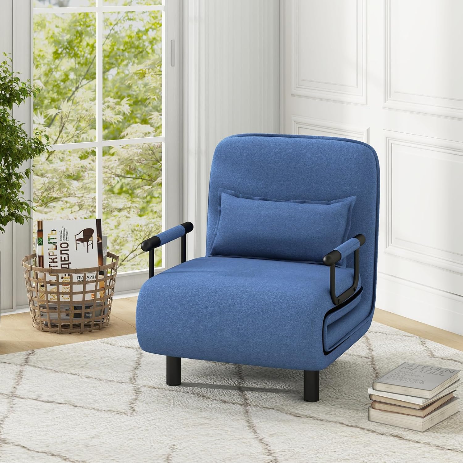 KOMFOTT 3-in-1 Convertible Sofa Bed, Sleeper Chair with 5-Position Adjustable Backrest & Lumbar Pillow, 2 Hidden Metal Legs & 2 Lockable Casters, Comfy Chaise Lounge for Living Room & Home, Blue